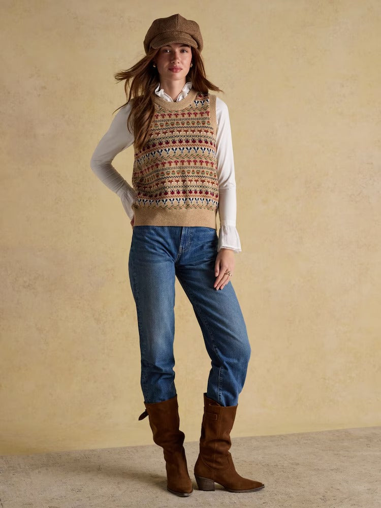 Woodland Oatmeal Cotton-Rich Intarsia Crew Neck Knitted Vest