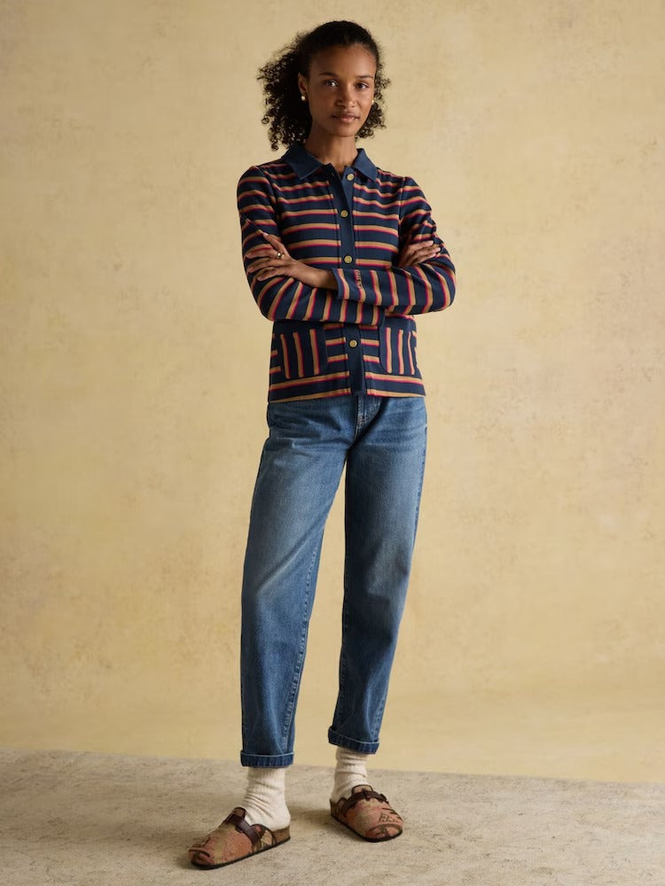 Premium Ribbed Navy Tan Pink Button Through Jersey Cardigan