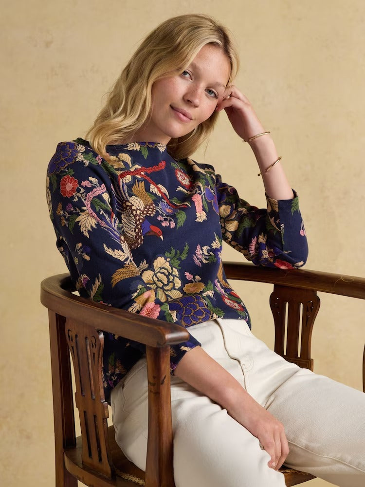 Harbour Navy Bird Floral Boat Neck Printed Top