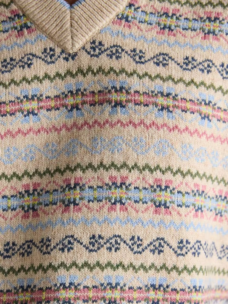 Islay Cream V Neck Fairisle Cotton Rich Vest