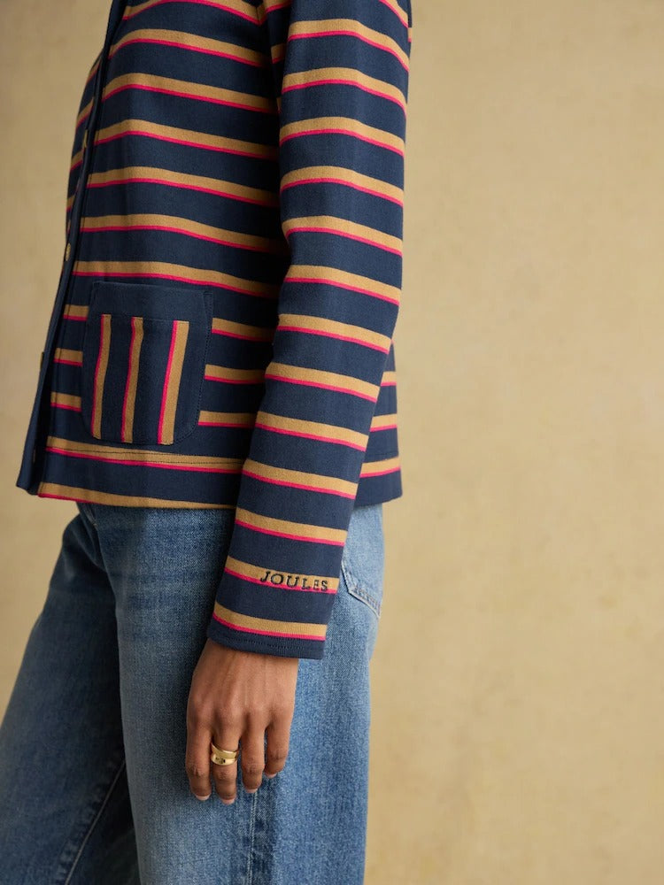 Premium Ribbed Navy Tan Pink Button Through Jersey Cardigan