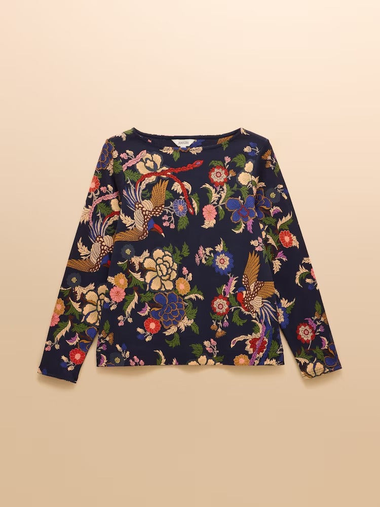 Harbour Navy Bird Floral Boat Neck Printed Top