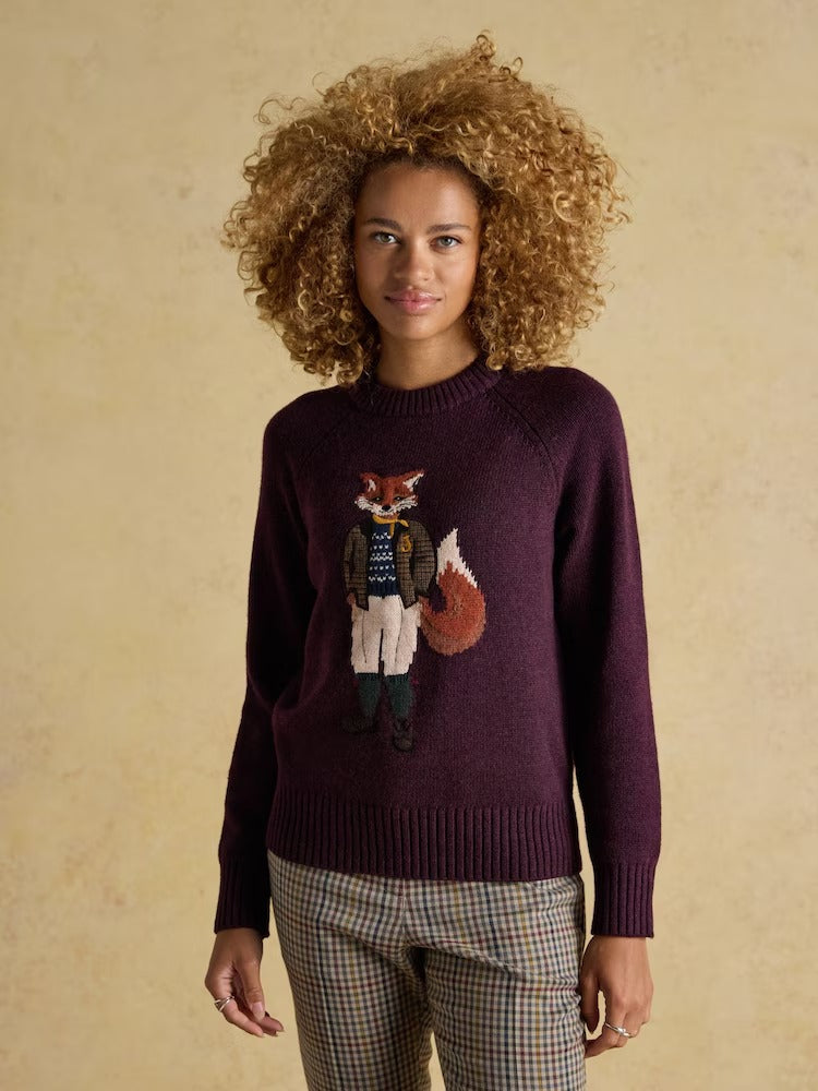 Jonty Wine Red Intarsia Cotton-Rich Crew Neck Jumper