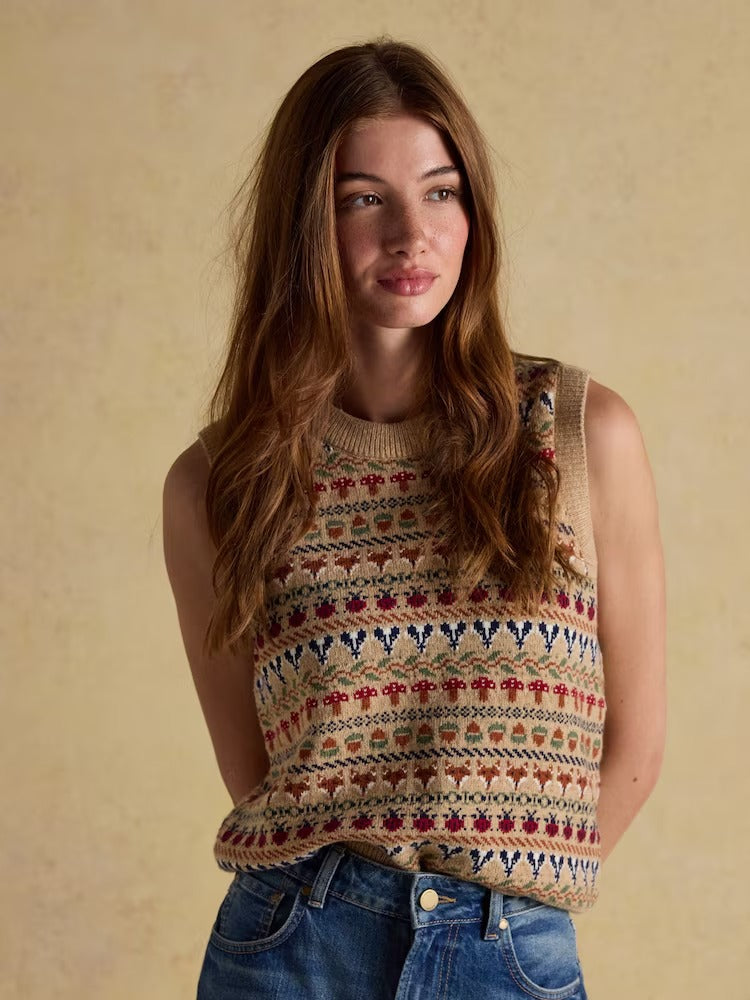 Woodland Oatmeal Cotton-Rich Intarsia Crew Neck Knitted Vest