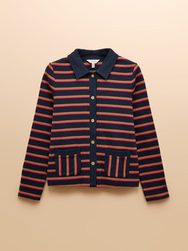 Premium Ribbed Navy Tan Pink Button Through Jersey Cardigan
