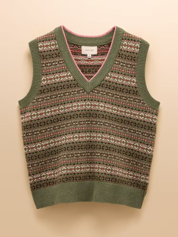 Islay Green V Neck Fairisle Cotton Rich Vest