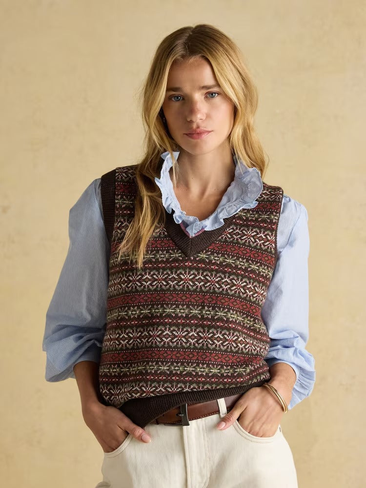 Islay Brown V Neck Fairisle Cotton Rich Vest