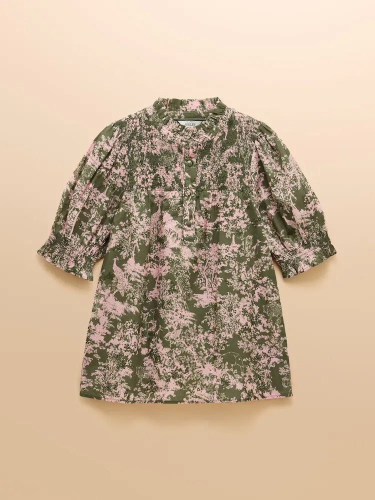 Silvia Green Frill Neck Smocked Blouse