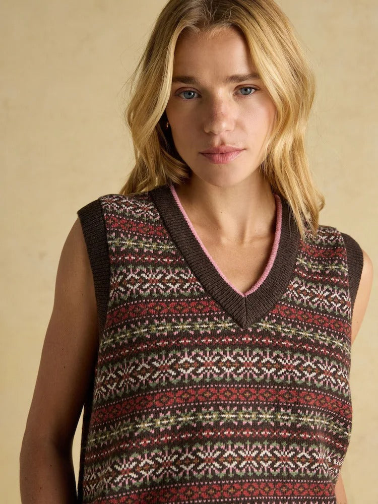 Islay Brown V Neck Fairisle Cotton Rich Vest