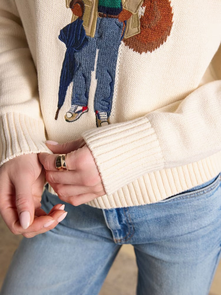 April Showers Cream Jonty Fox Embroidered Cotton-Rich Crew Neck Jumper