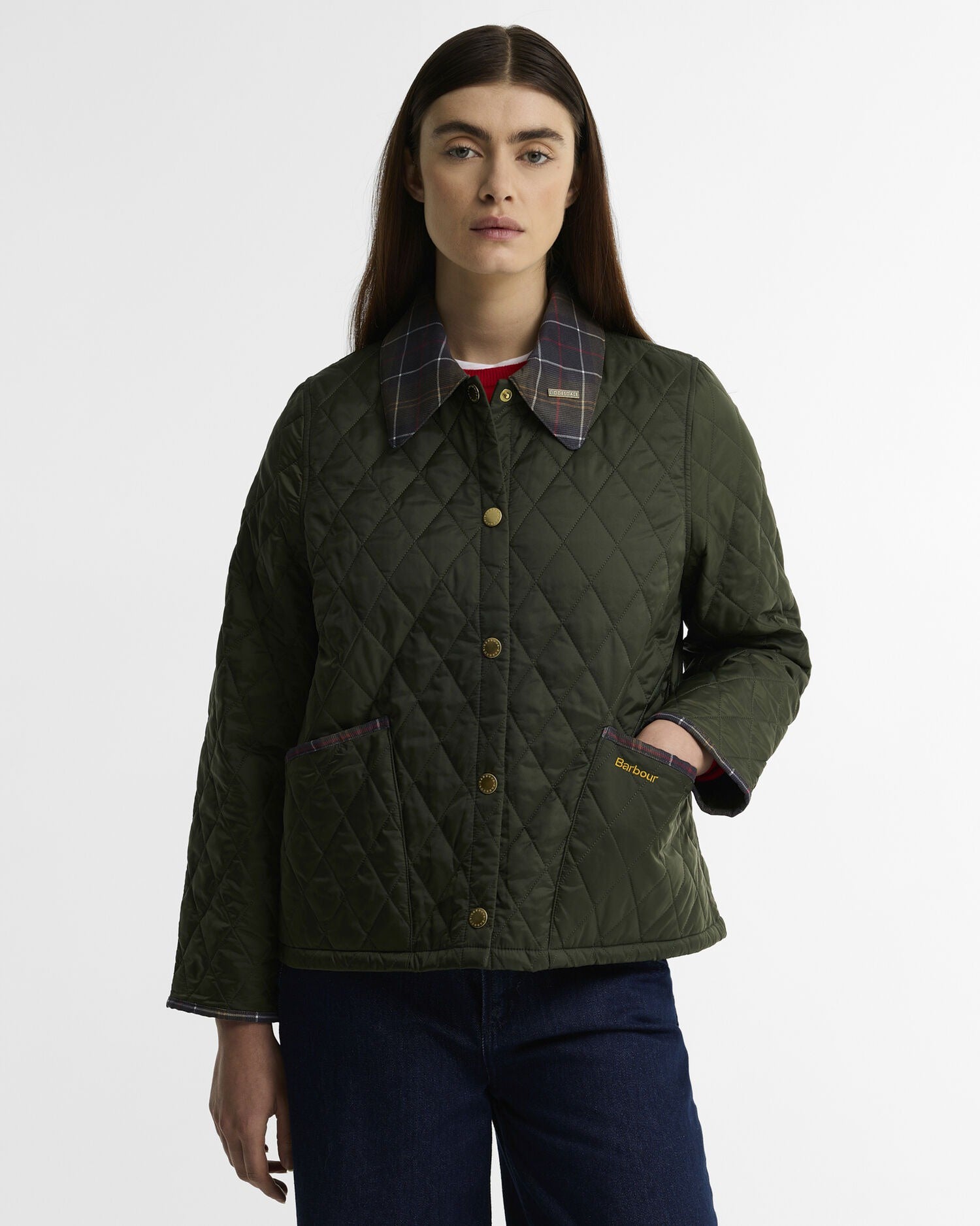 Icons Tartan Collar Cropped Liddesdale Quilted Jacket - Olive/Classic