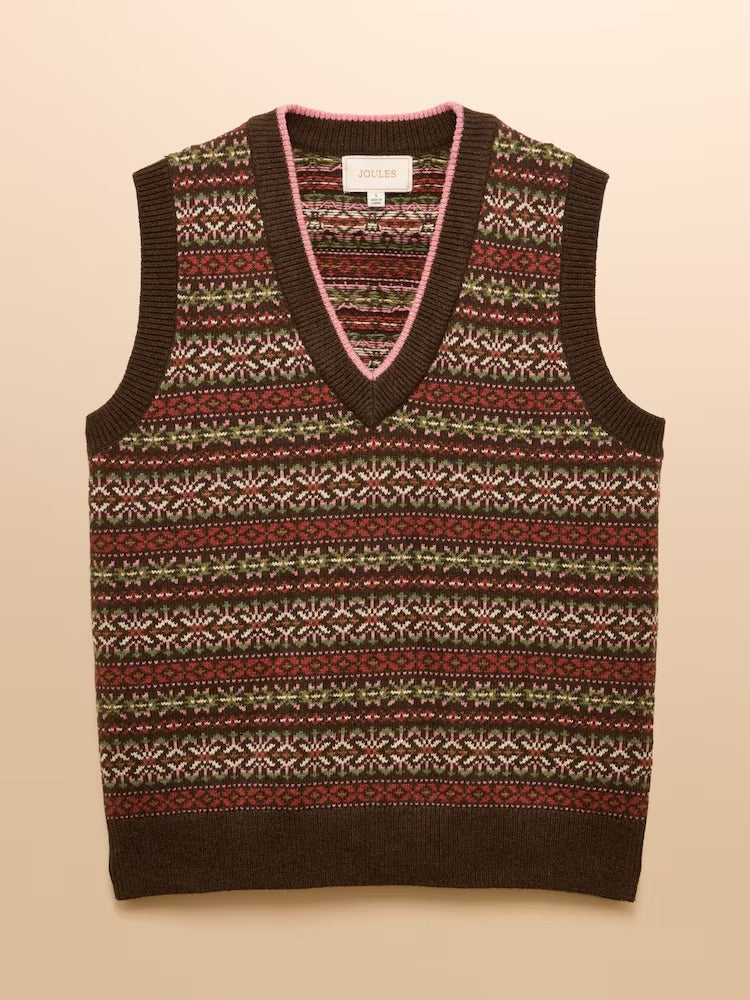 Islay Brown V Neck Fairisle Cotton Rich Vest