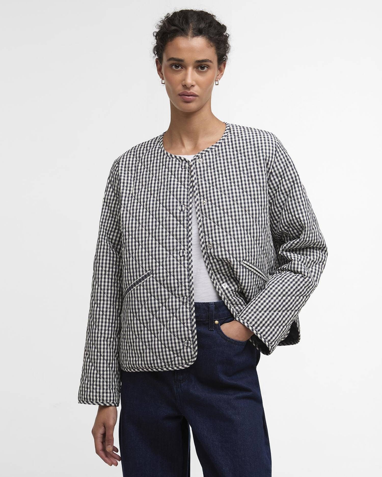 Cashel Gingham Collarless Quilted Jacket - Navy Gingham/Dark Navy