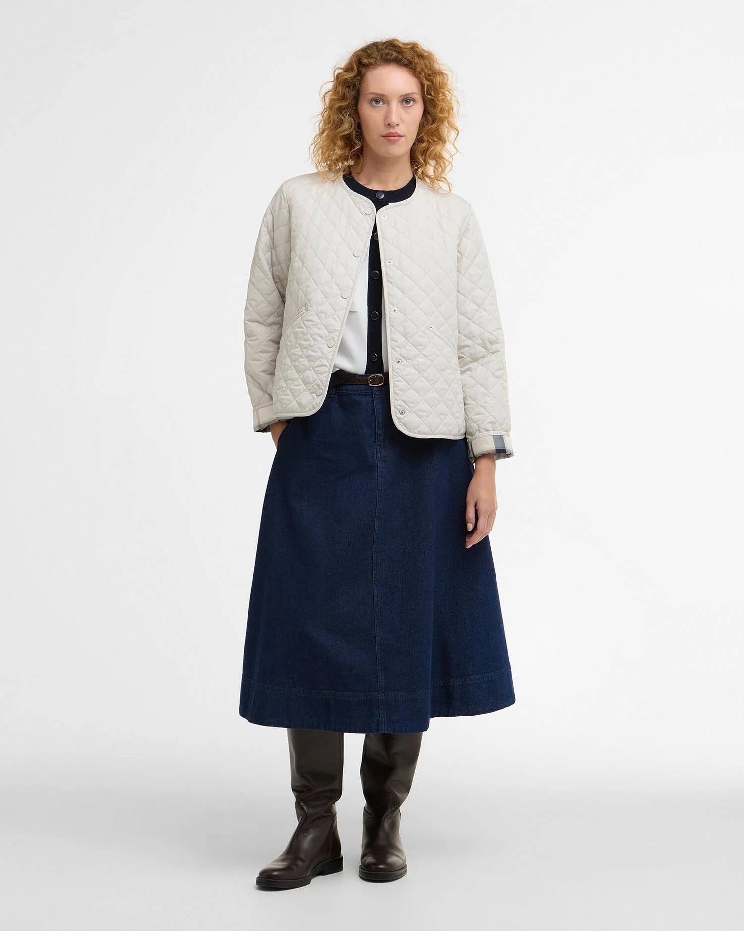 Cashel Collarless Quilted Jacket - Mist/Dress Navy Tartan
