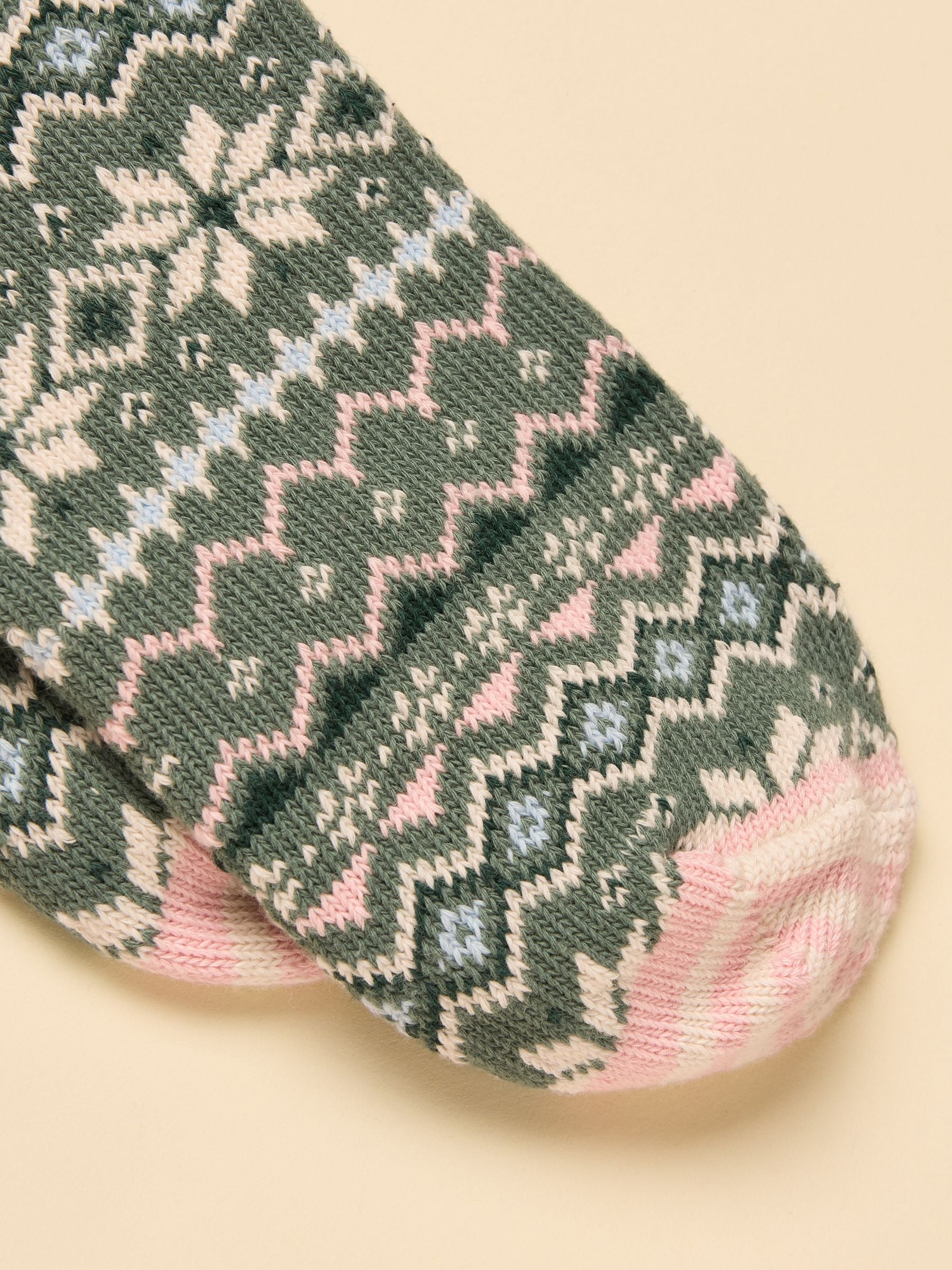 Women's Lucille Green & Pink Fair Isle Cotton Blend Socks (size 4-8)