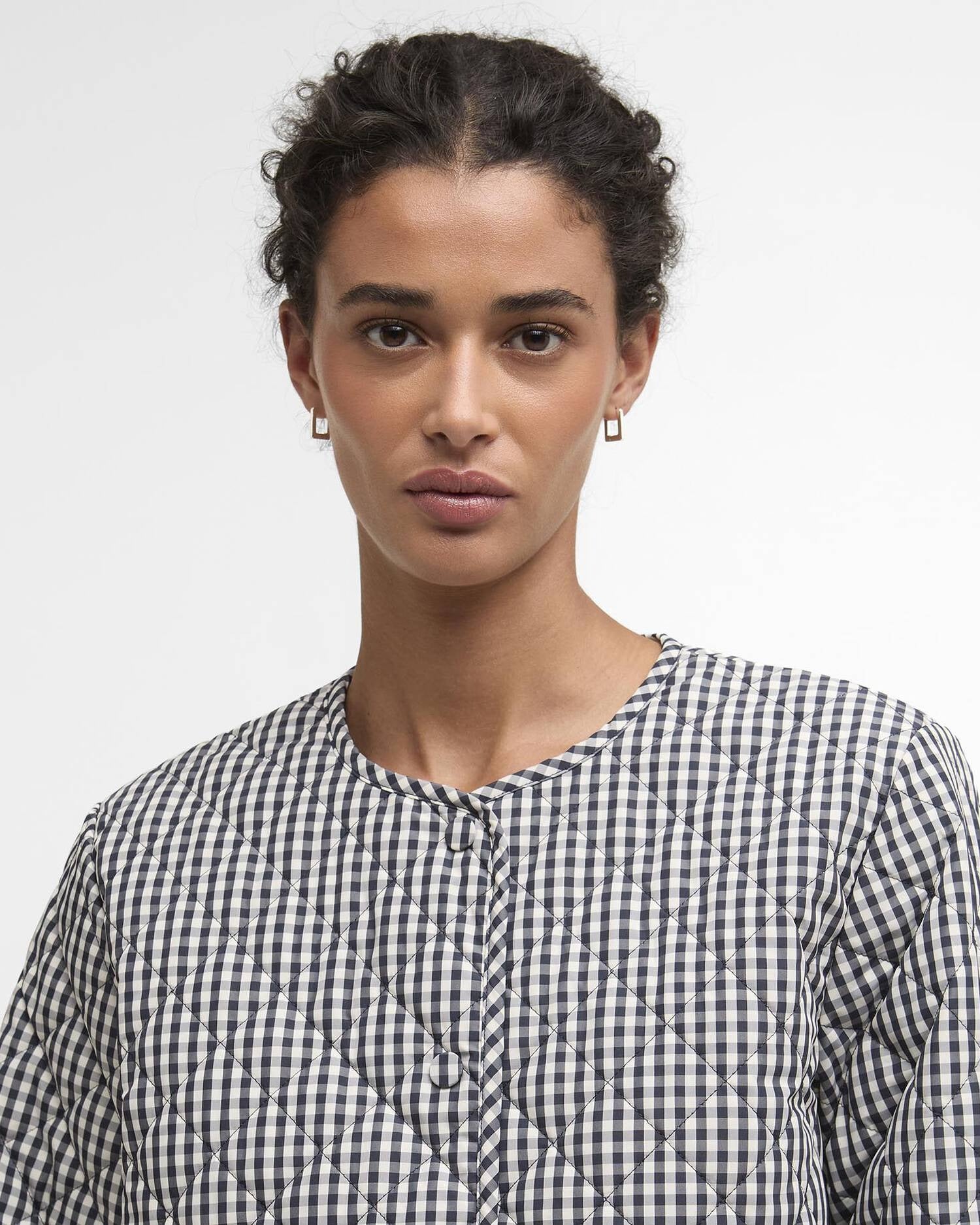 Cashel Gingham Collarless Quilted Jacket - Navy Gingham/Dark Navy