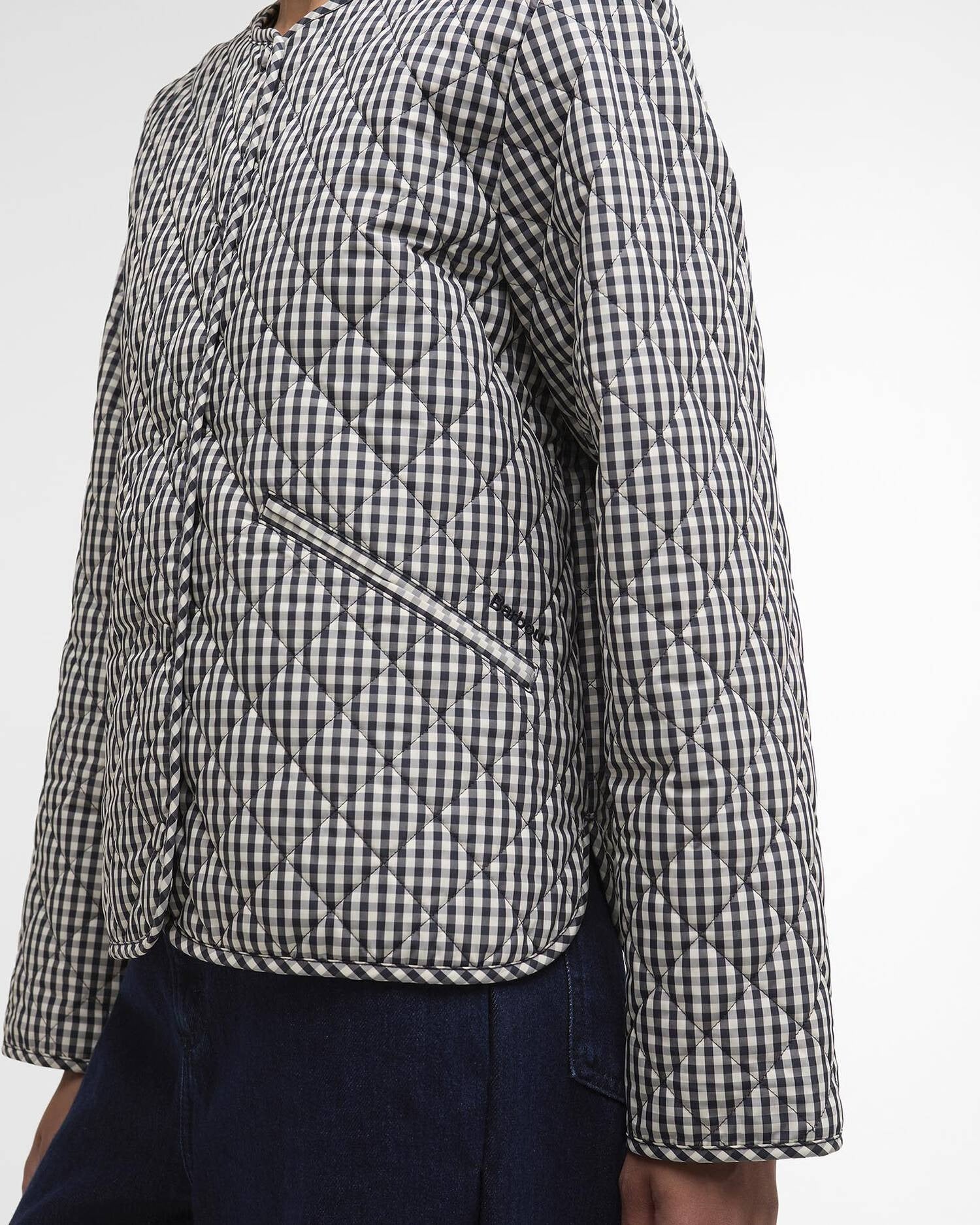 Cashel Gingham Collarless Quilted Jacket - Navy Gingham/Dark Navy