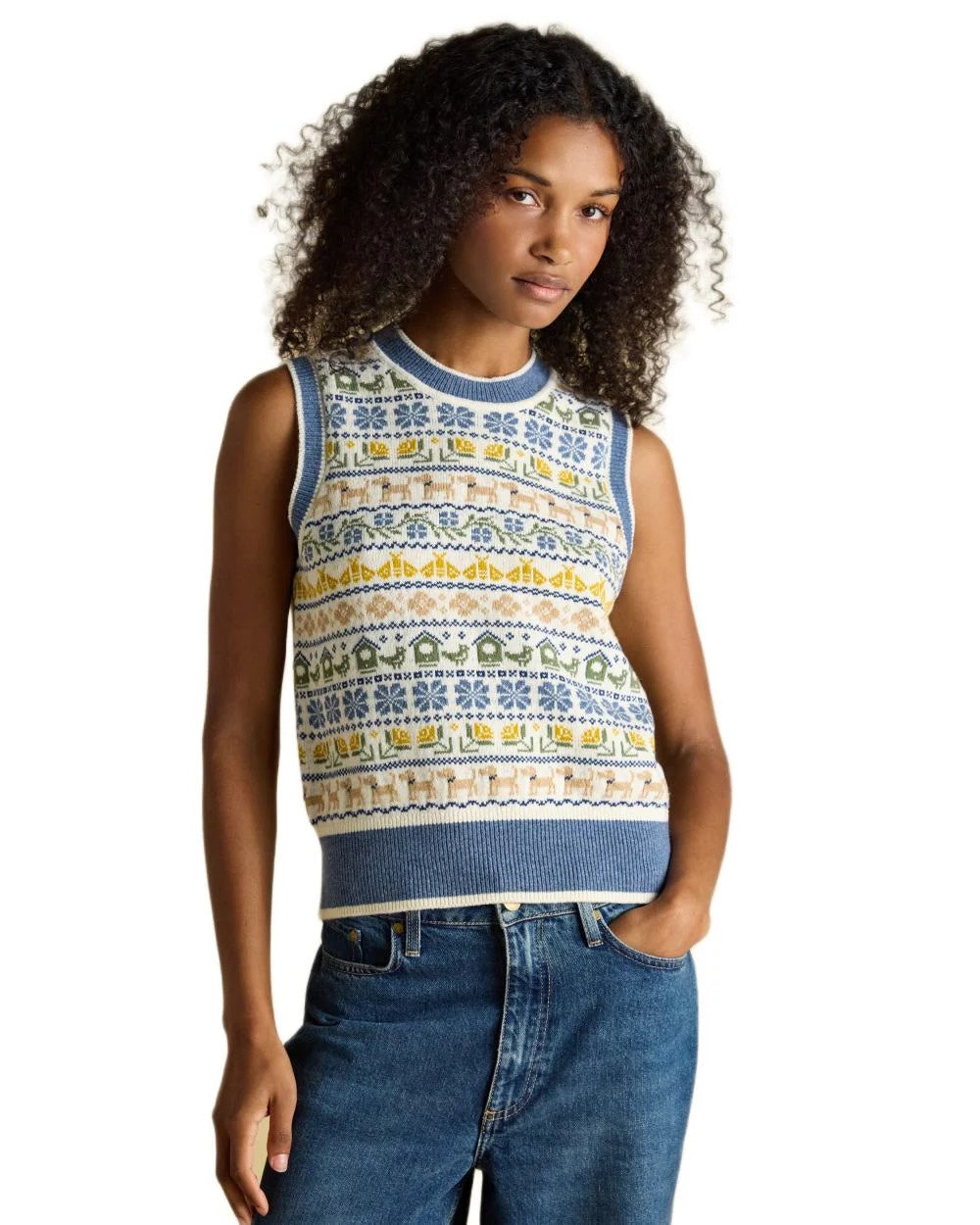 Knitted Cream Blue Birds Tank Top