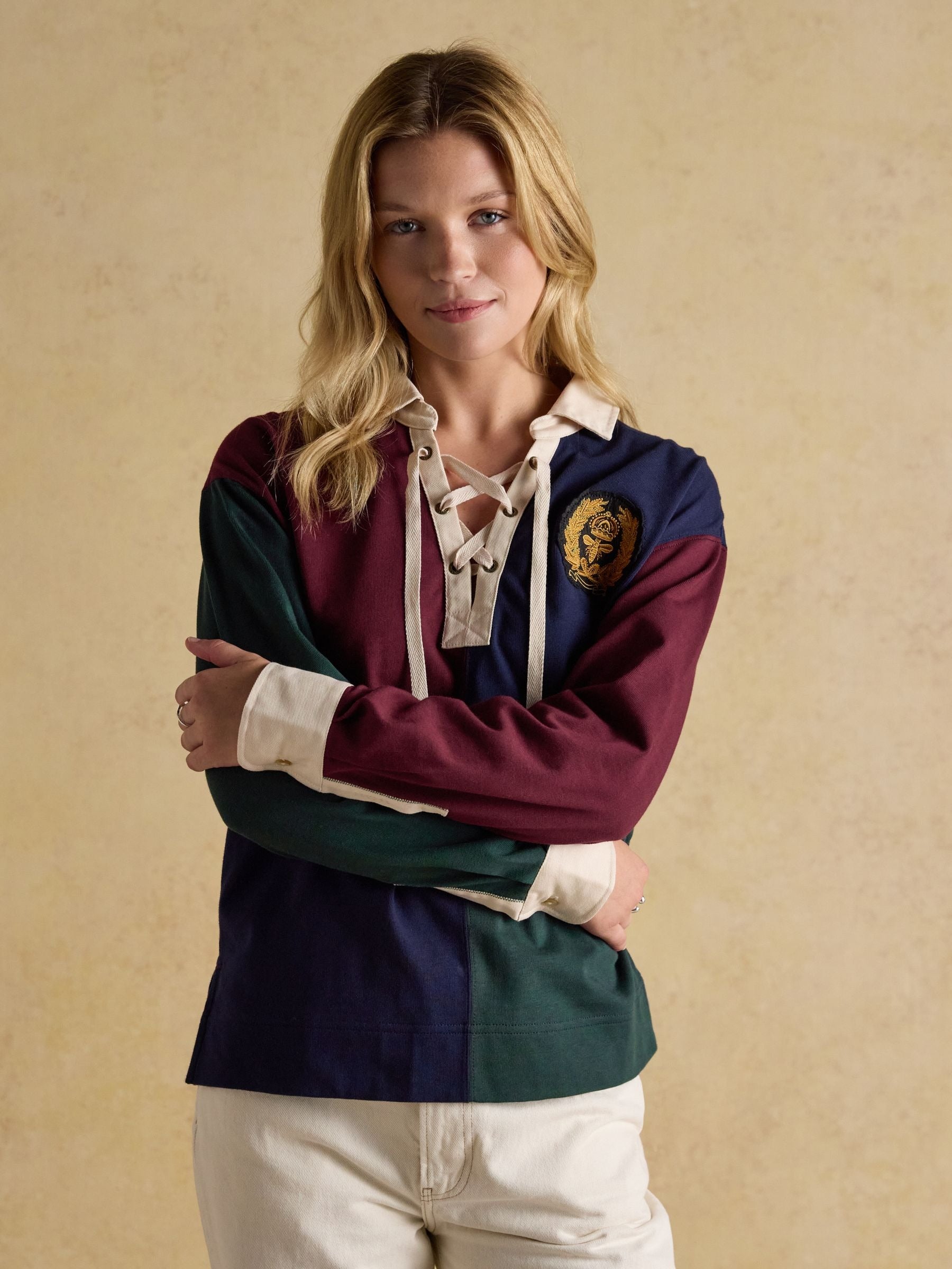 Claremont Multi 100% Cotton Harlequin Lace Up Rugby Shirt