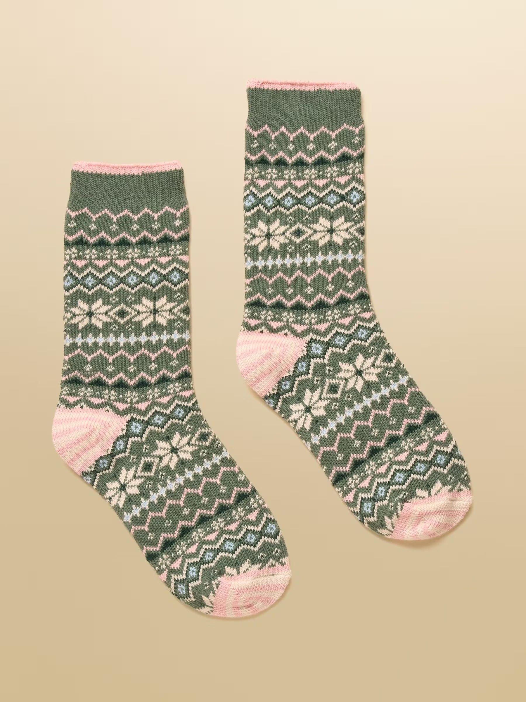 Women's Lucille Green & Pink Fair Isle Cotton Blend Socks (size 4-8)