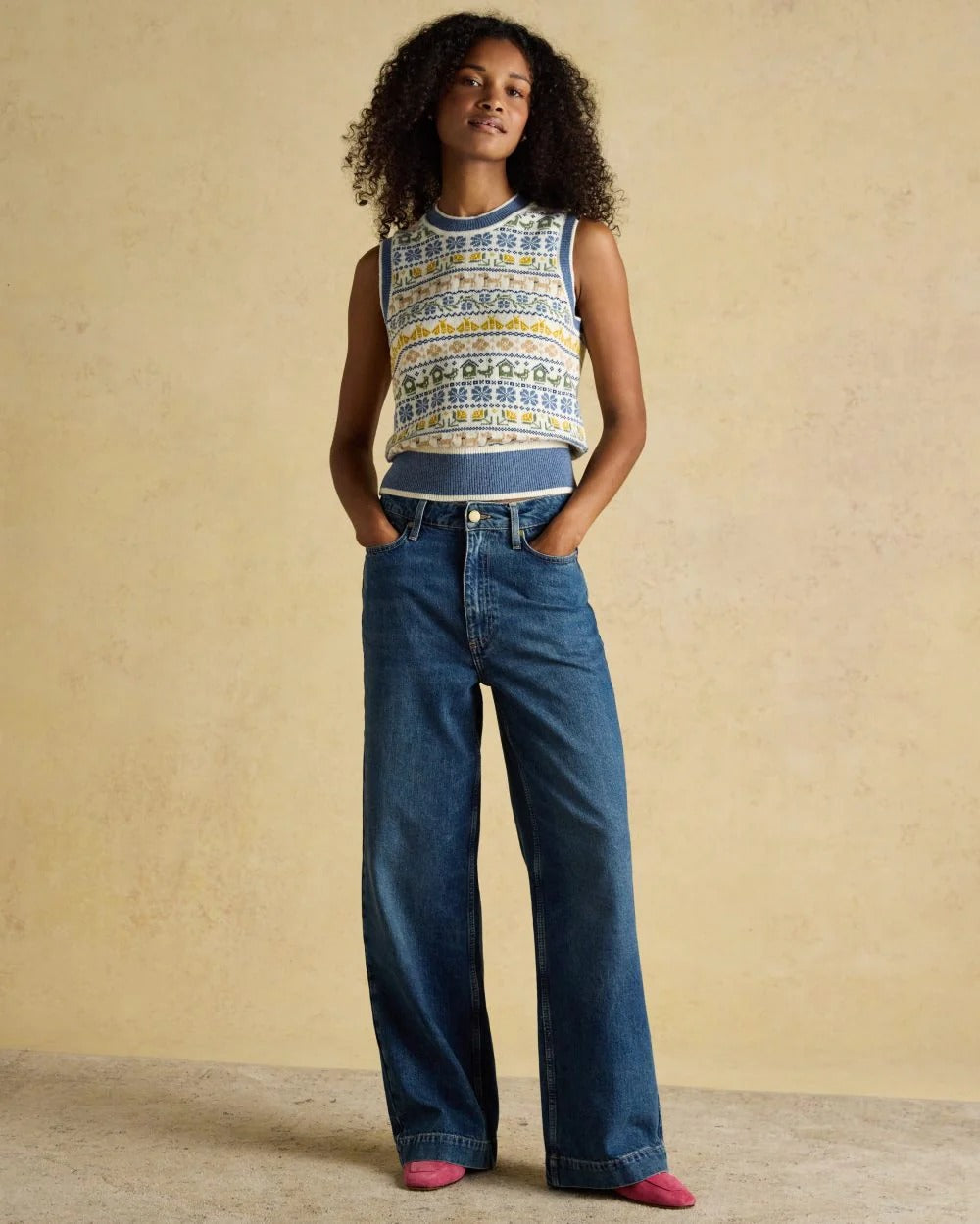 Knitted Cream Blue Birds Tank Top