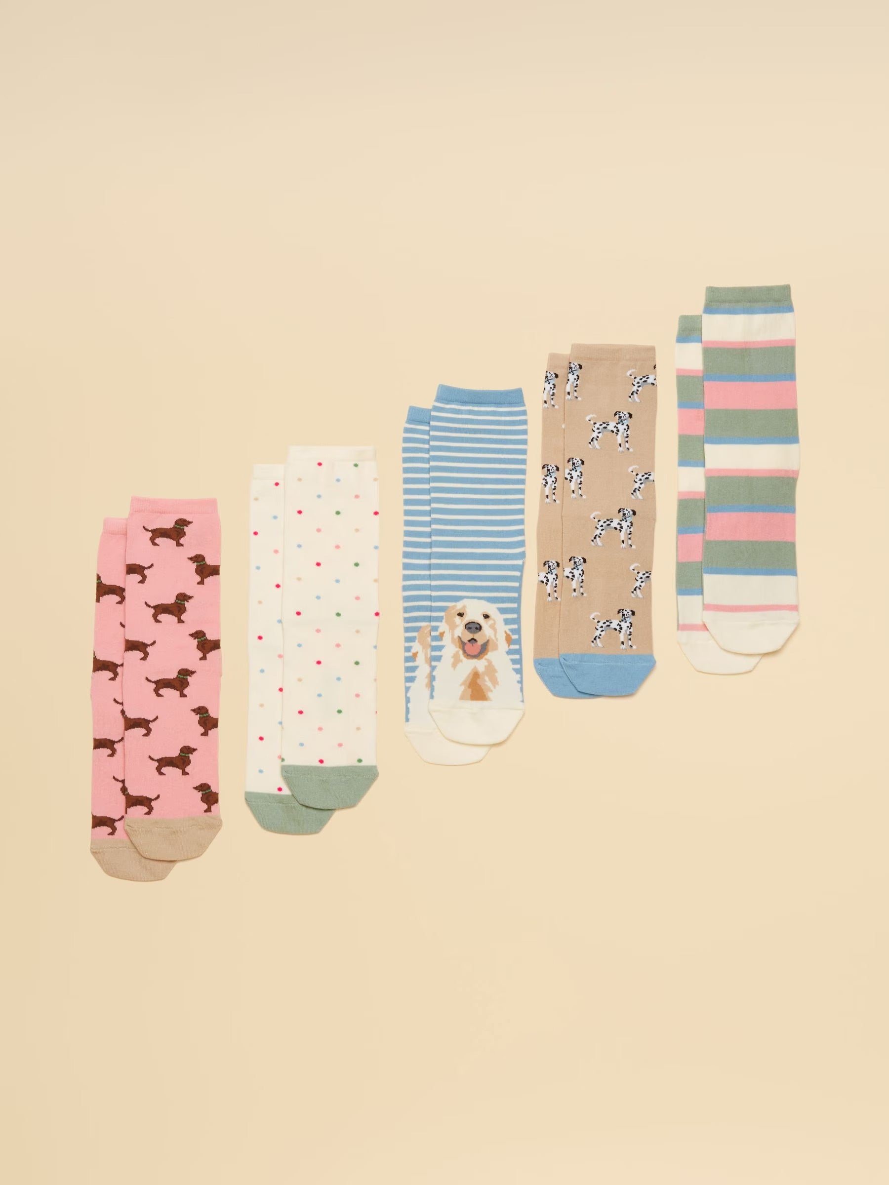 Women's Everyday Multi Ecru Dog Ankle Socks 5 Pack (Size 4-8)