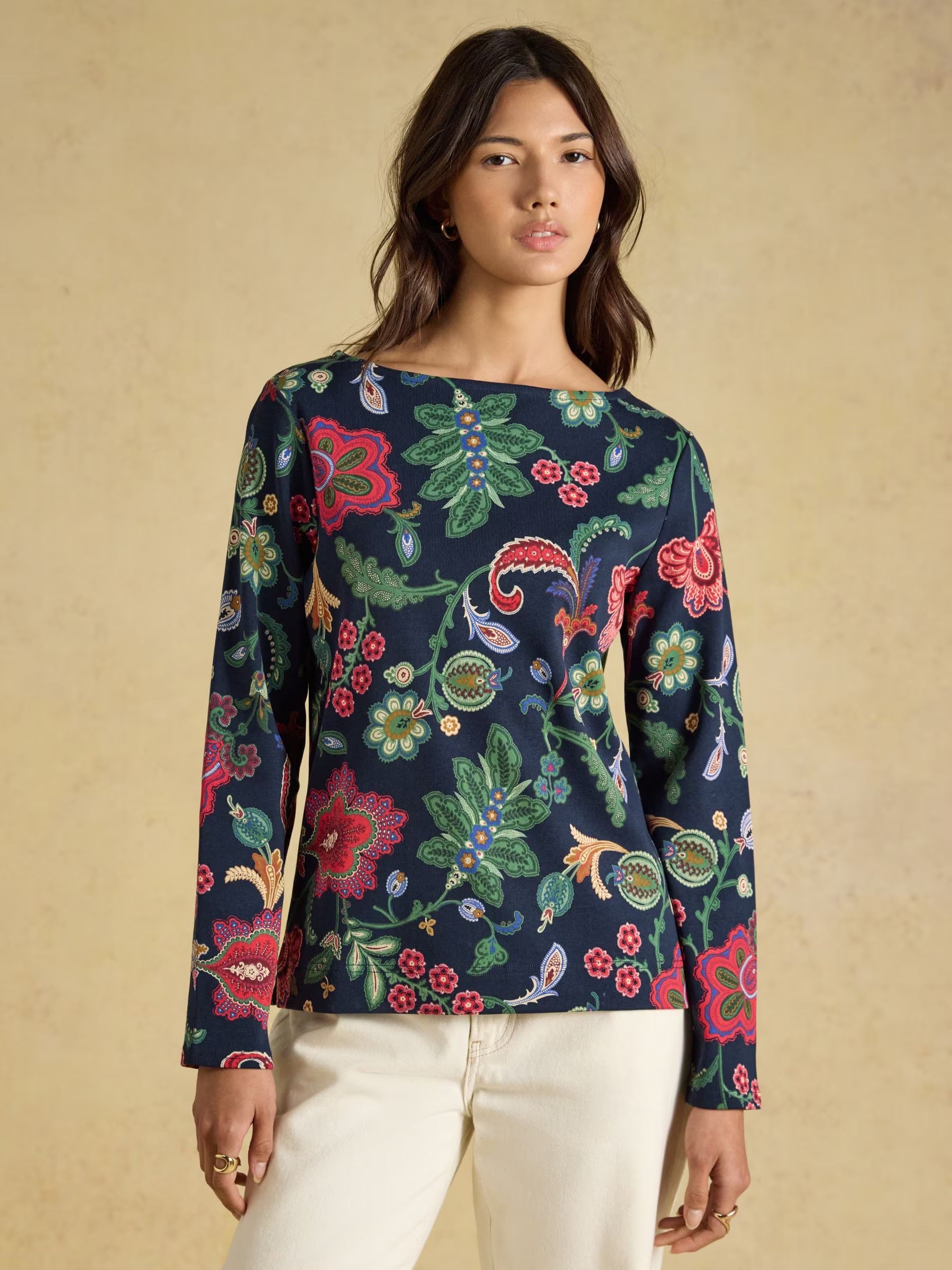 Harbour Navy Floral Printed Boat Neck 100% Cotton Jersey Top