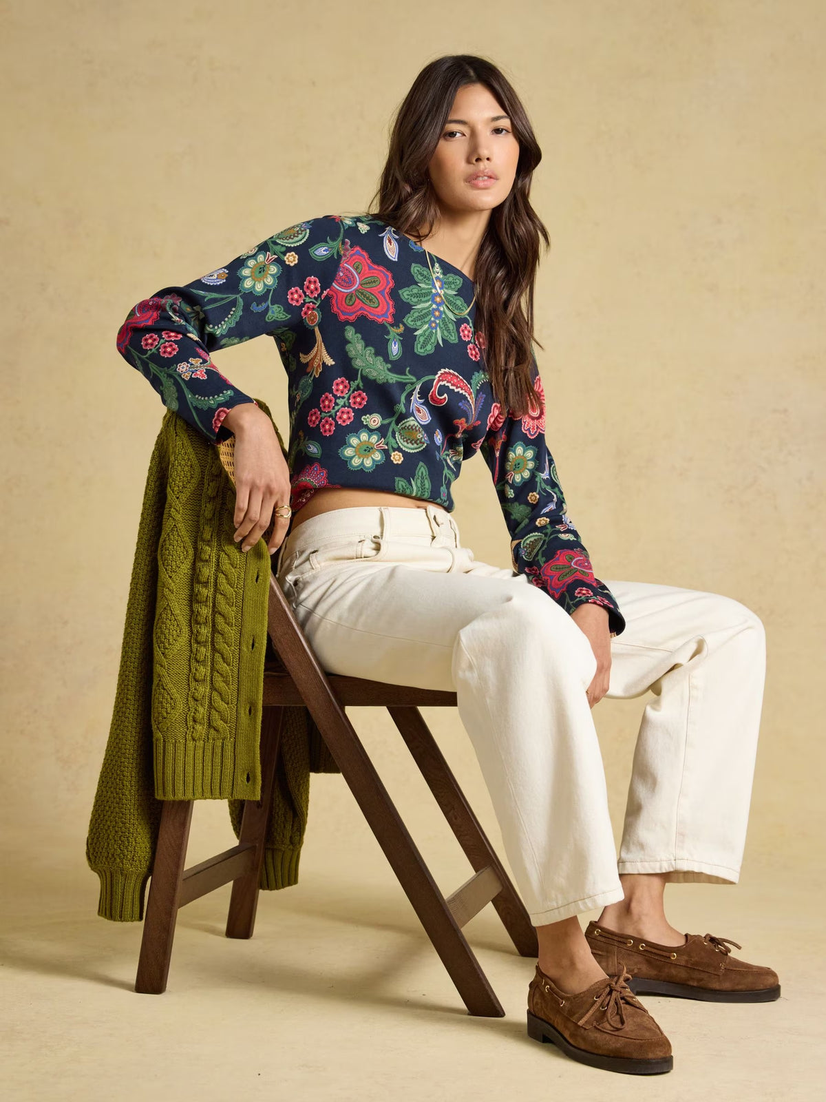 Harbour Navy Floral Printed Boat Neck 100% Cotton Jersey Top