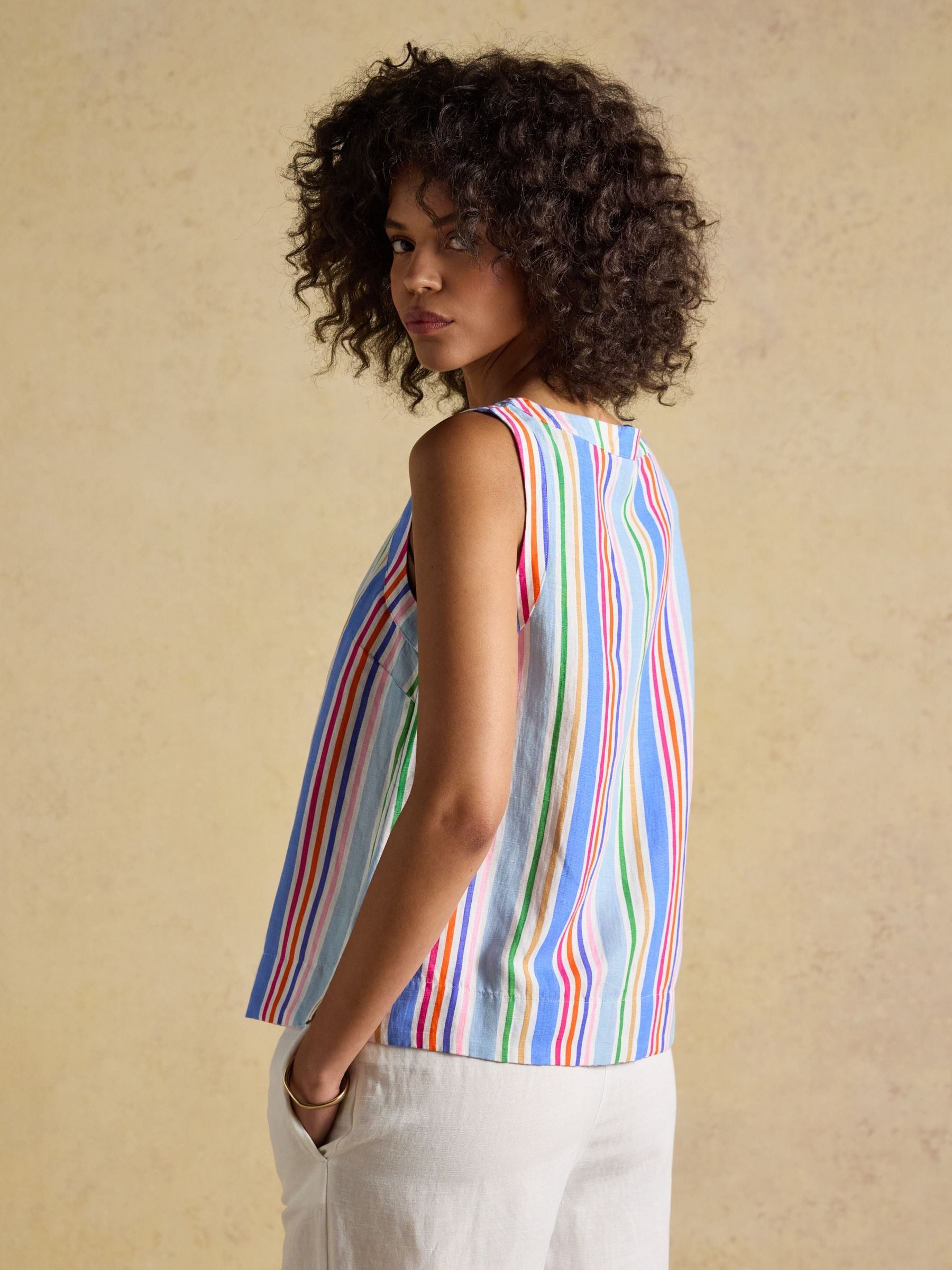Cove Multi Striped Round Neck Sleeveless Top with Linen