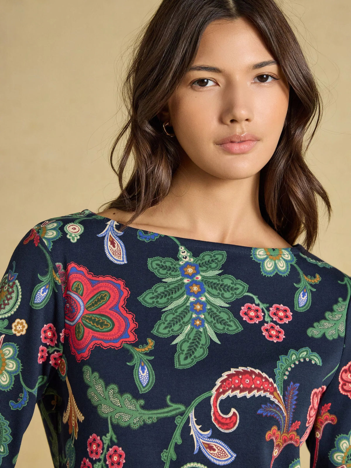 Harbour Navy Floral Printed Boat Neck 100% Cotton Jersey Top