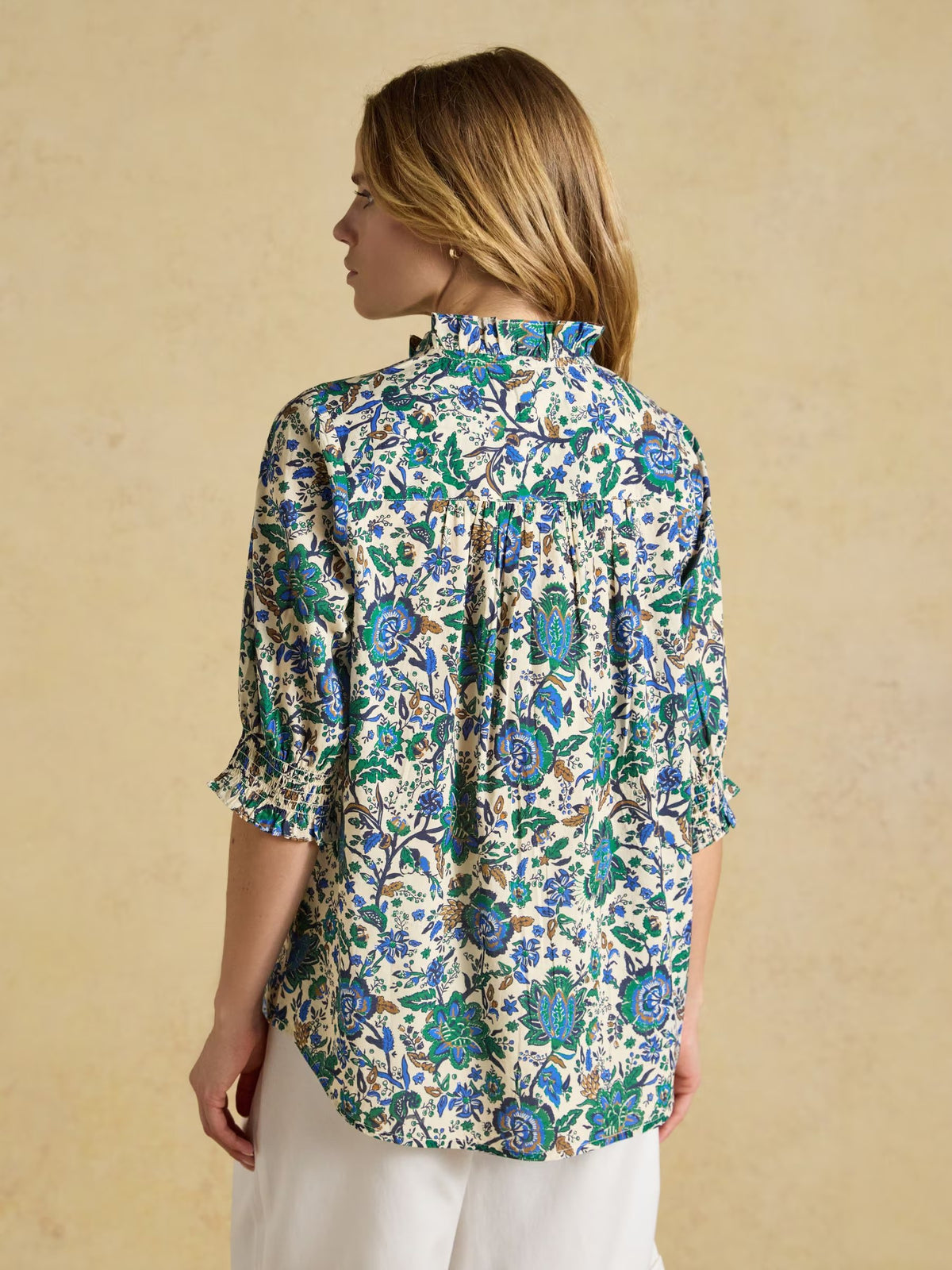 Melanie Blue & Green Floral Short Sleeve Frill Blouse