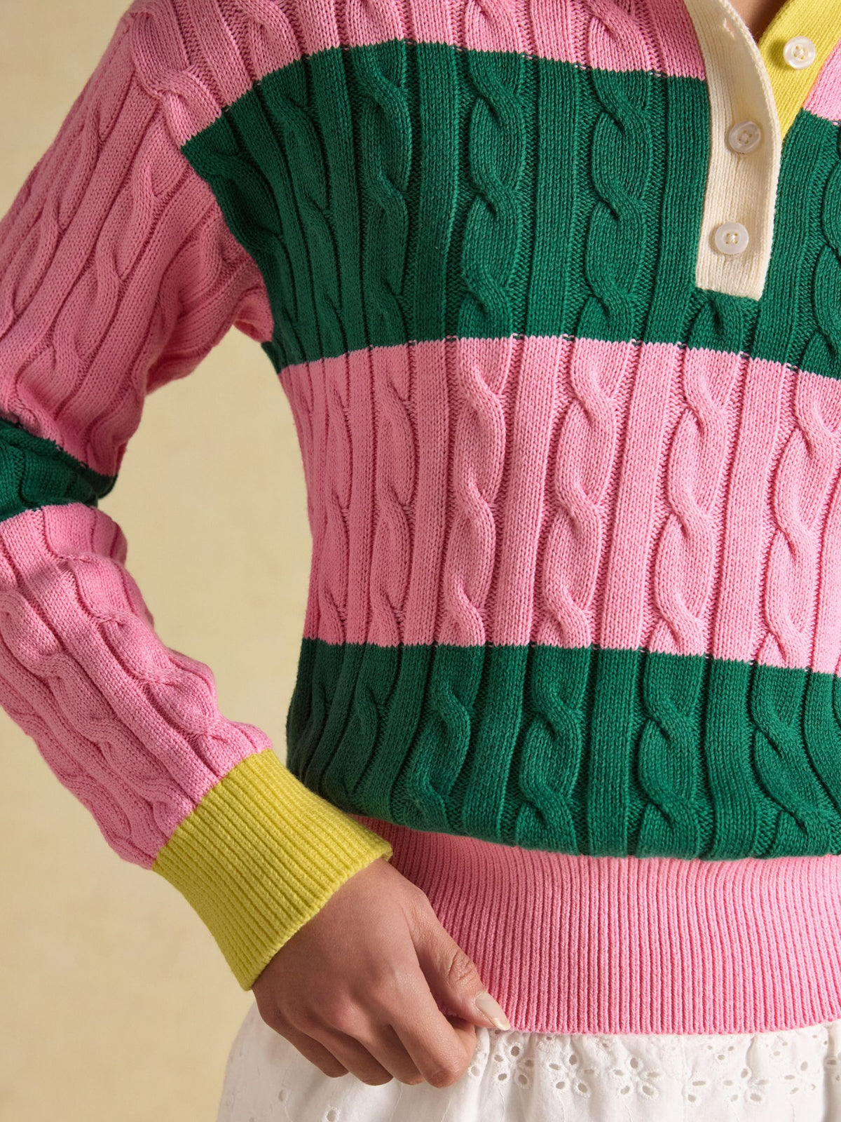 Pink & Green Striped Cotton Cable Knit Rugby Jumper