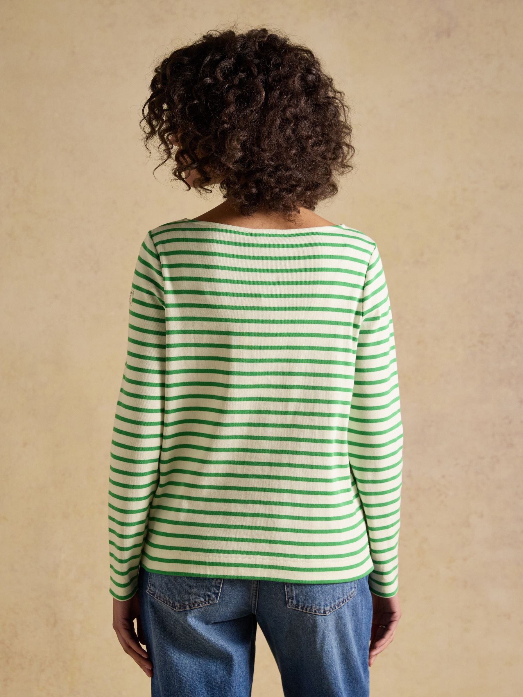 Harbour Cream & Green Long Sleeve Striped Boat Neck Long Sleeve Breton Top