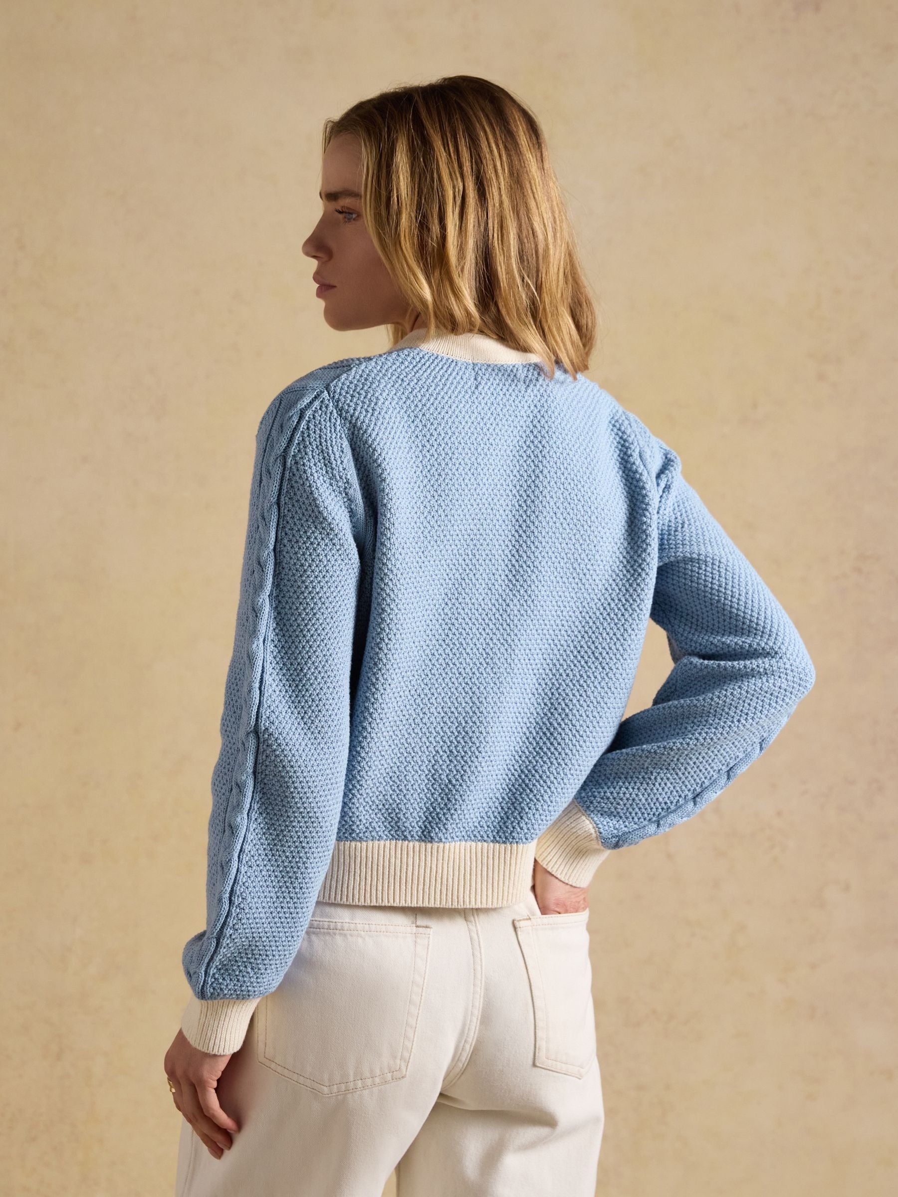 Blue V-Neck Cotton Cable Knitted Cardigan
