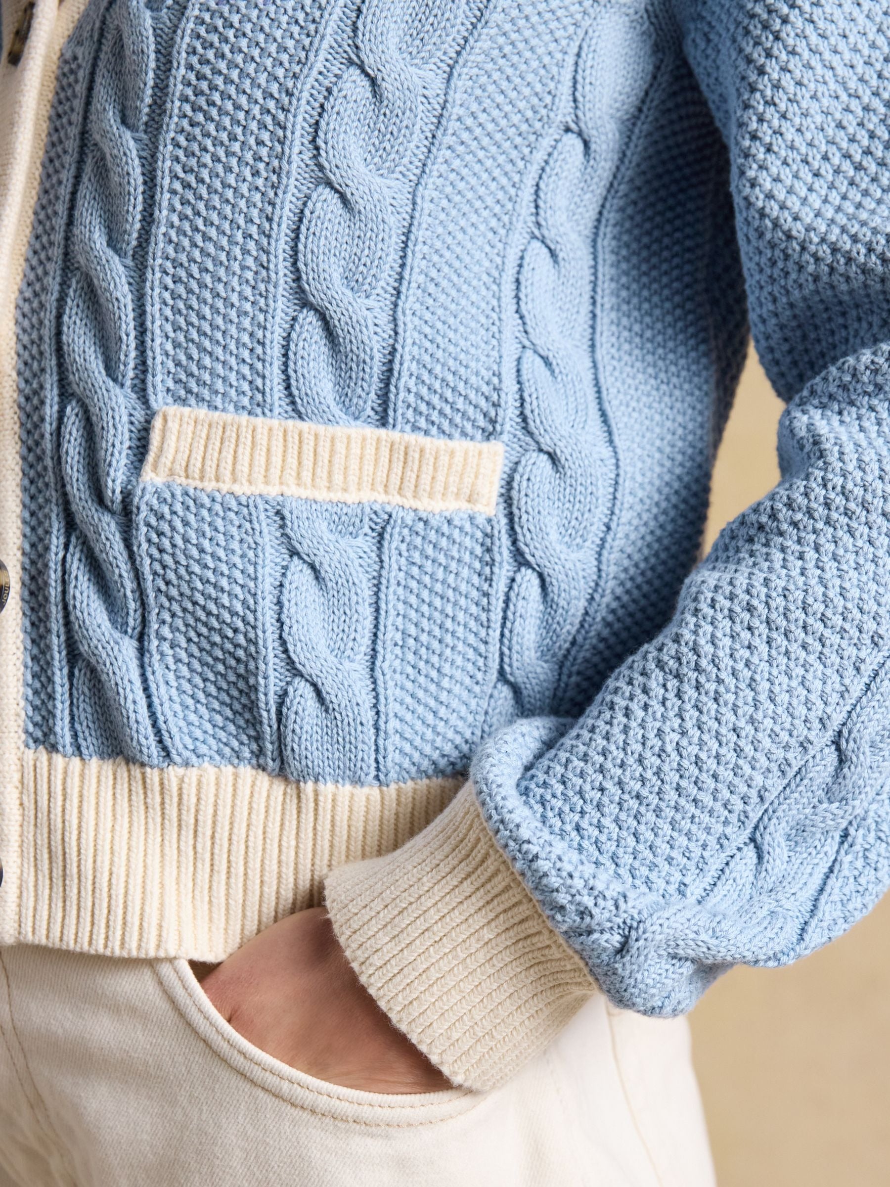 Blue V-Neck Cotton Cable Knitted Cardigan
