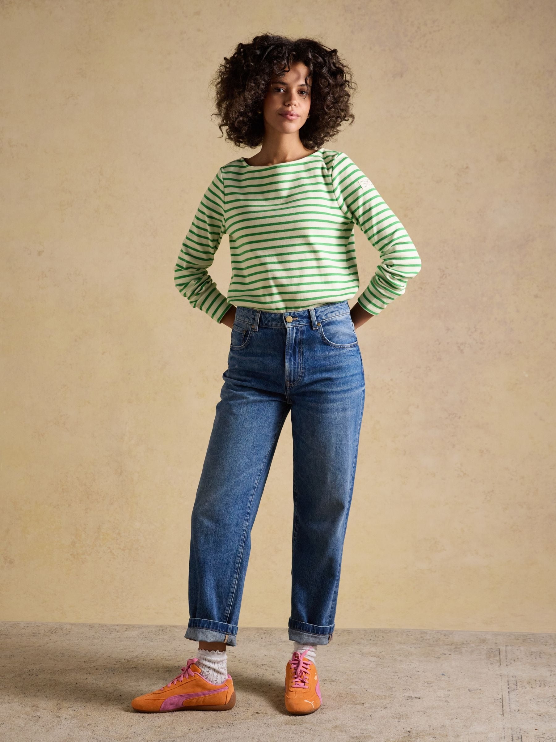 Harbour Cream & Green Long Sleeve Striped Boat Neck Long Sleeve Breton Top