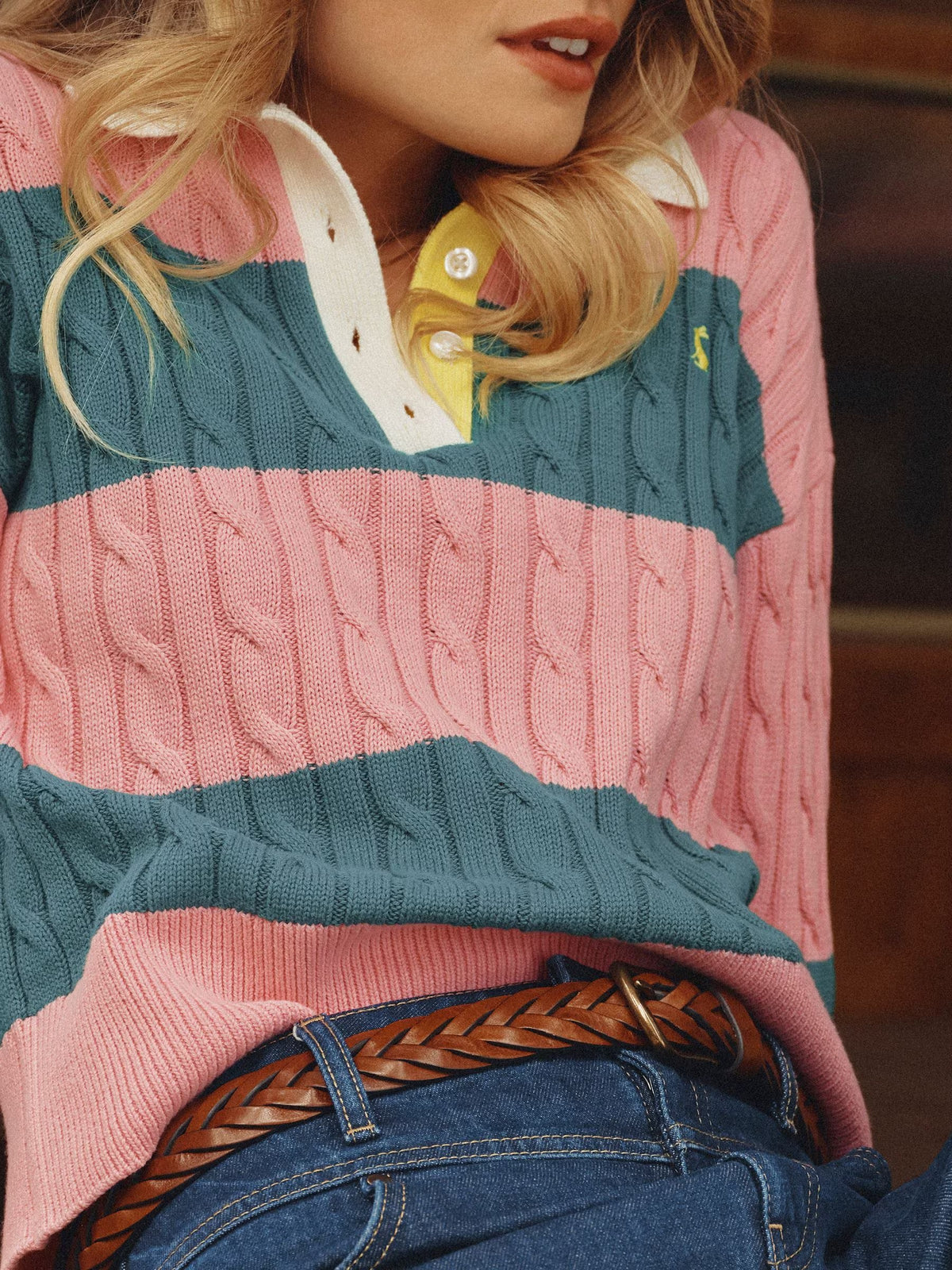 Pink & Green Striped Cotton Cable Knit Rugby Jumper