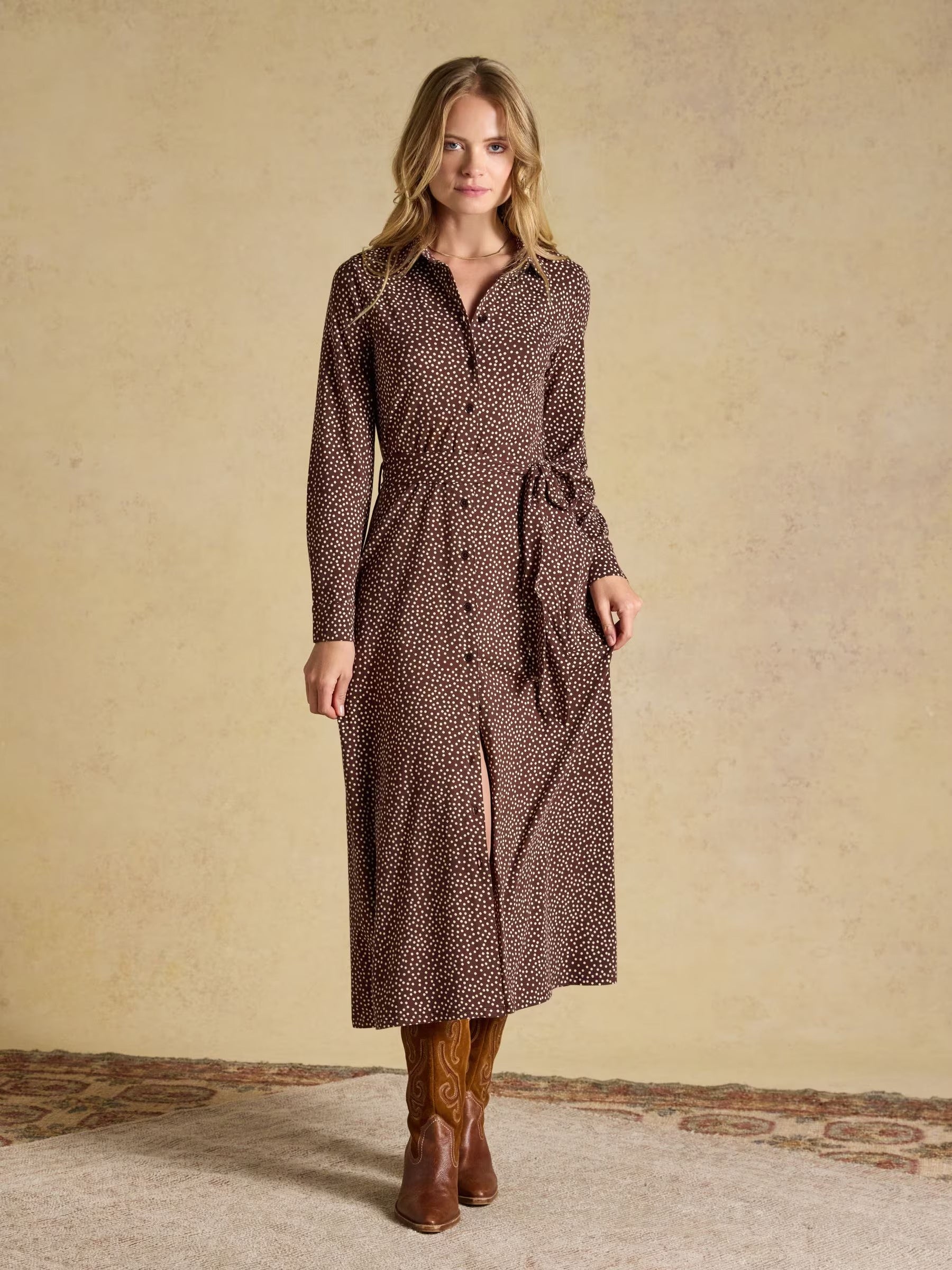 Theodora Chocolate Brown Spot Jersey Shirt Dress