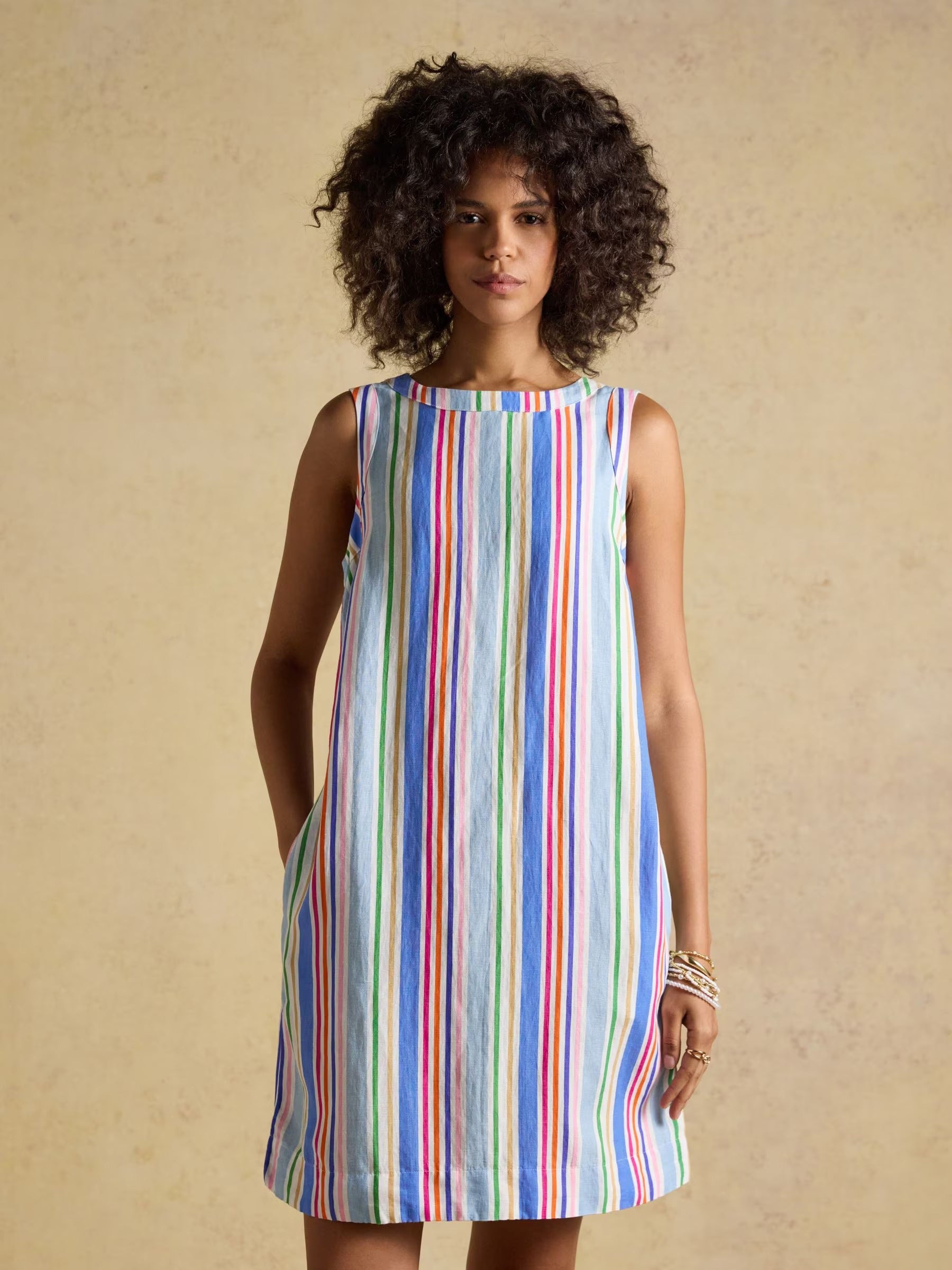 Delphine Multi Striped Shift Dress With Linen