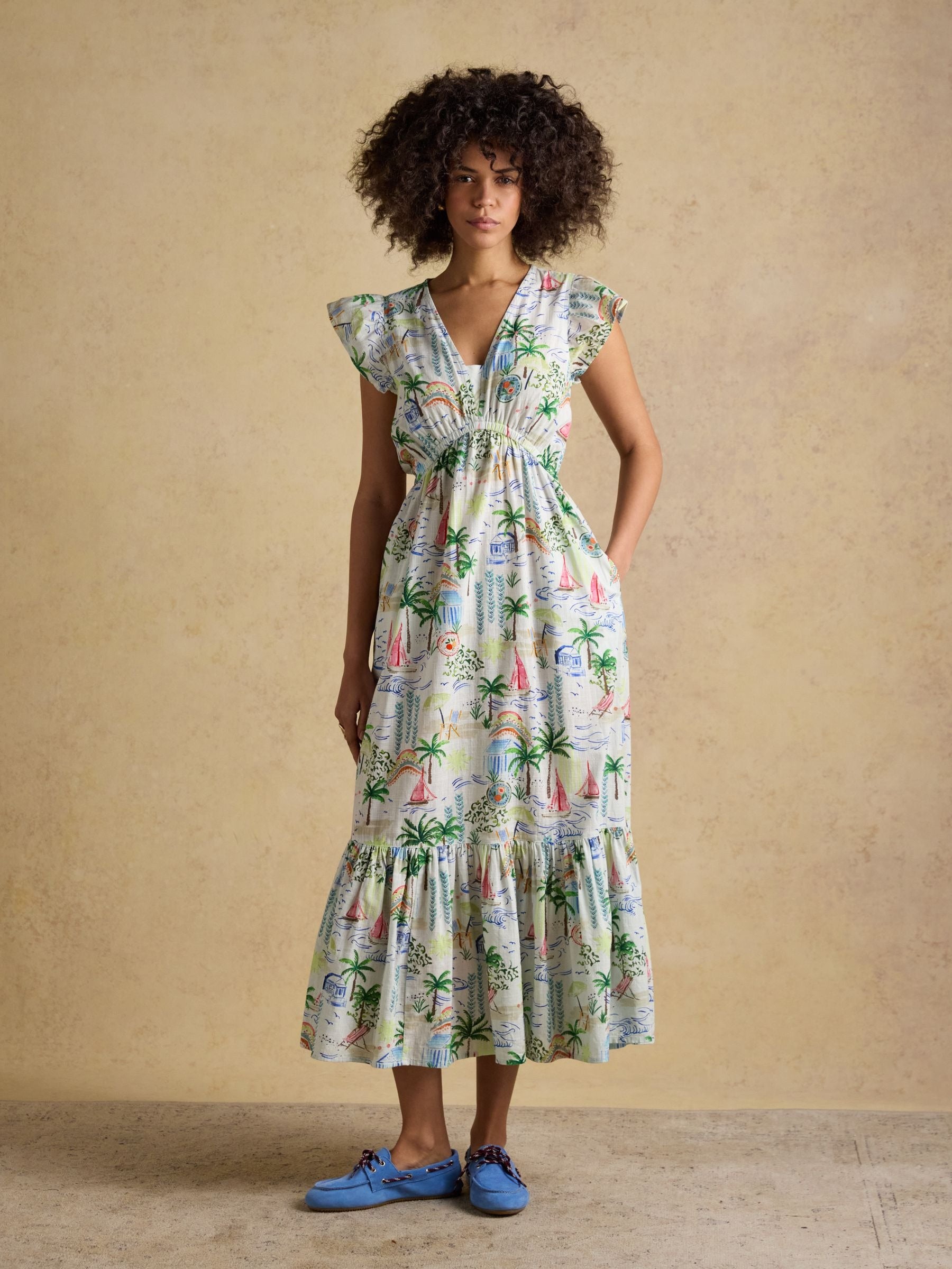 Winnie Coastal Scene Print Frill Shoulder Maxi Dress