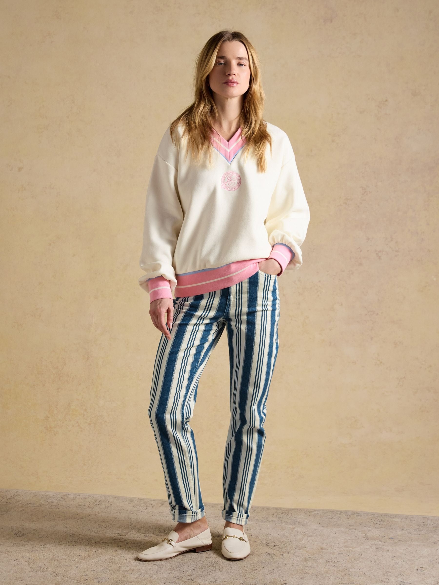 Cream Cotton Rich Embroidered Varsity Sweatshirt