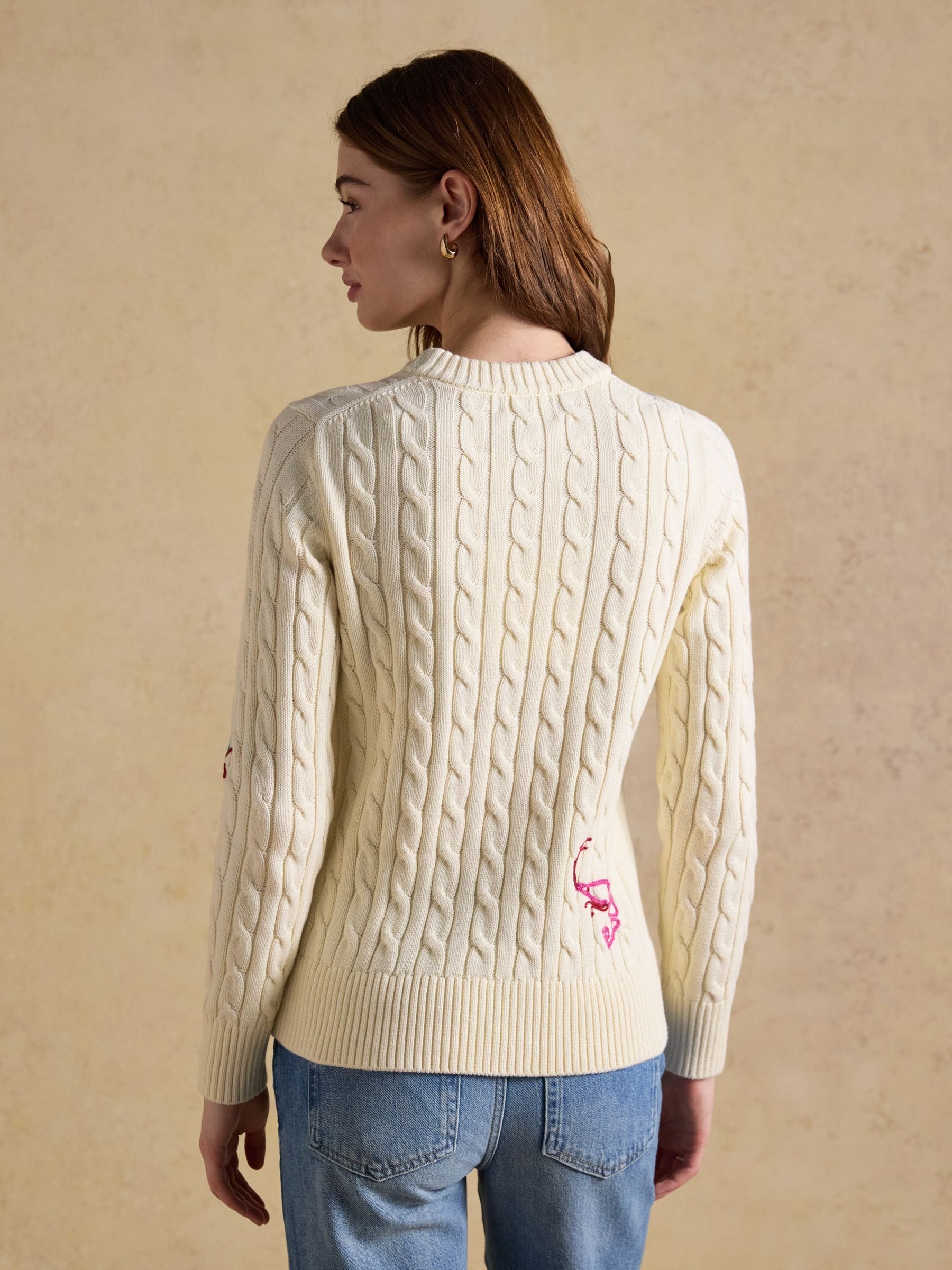 Cream Embroidered Classic Crew Neck Cotton Cable Knit Jumper