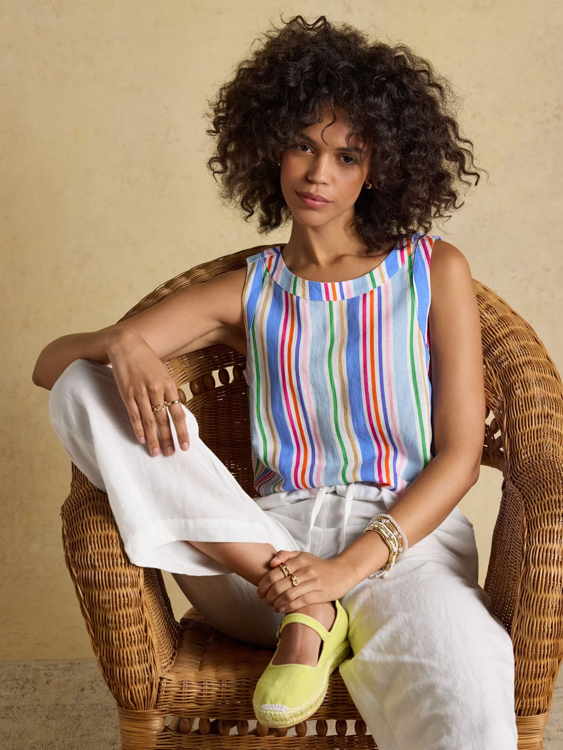 Cove Multi Striped Round Neck Sleeveless Top with Linen