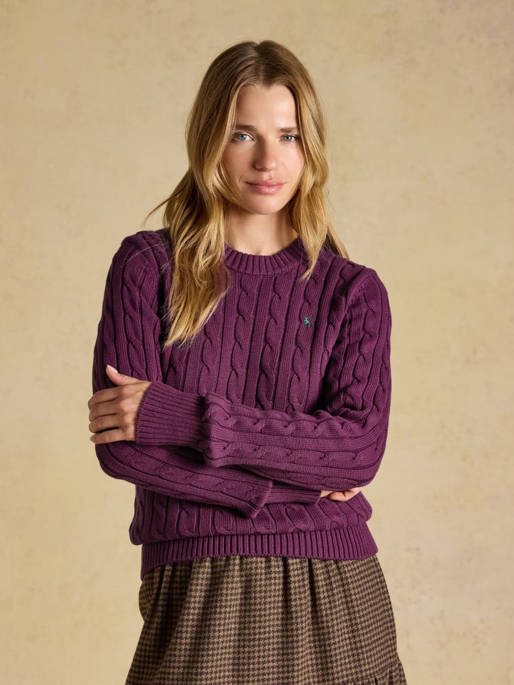 Purple Berry Classic Crew Neck Cotton Cable Knit Jumper