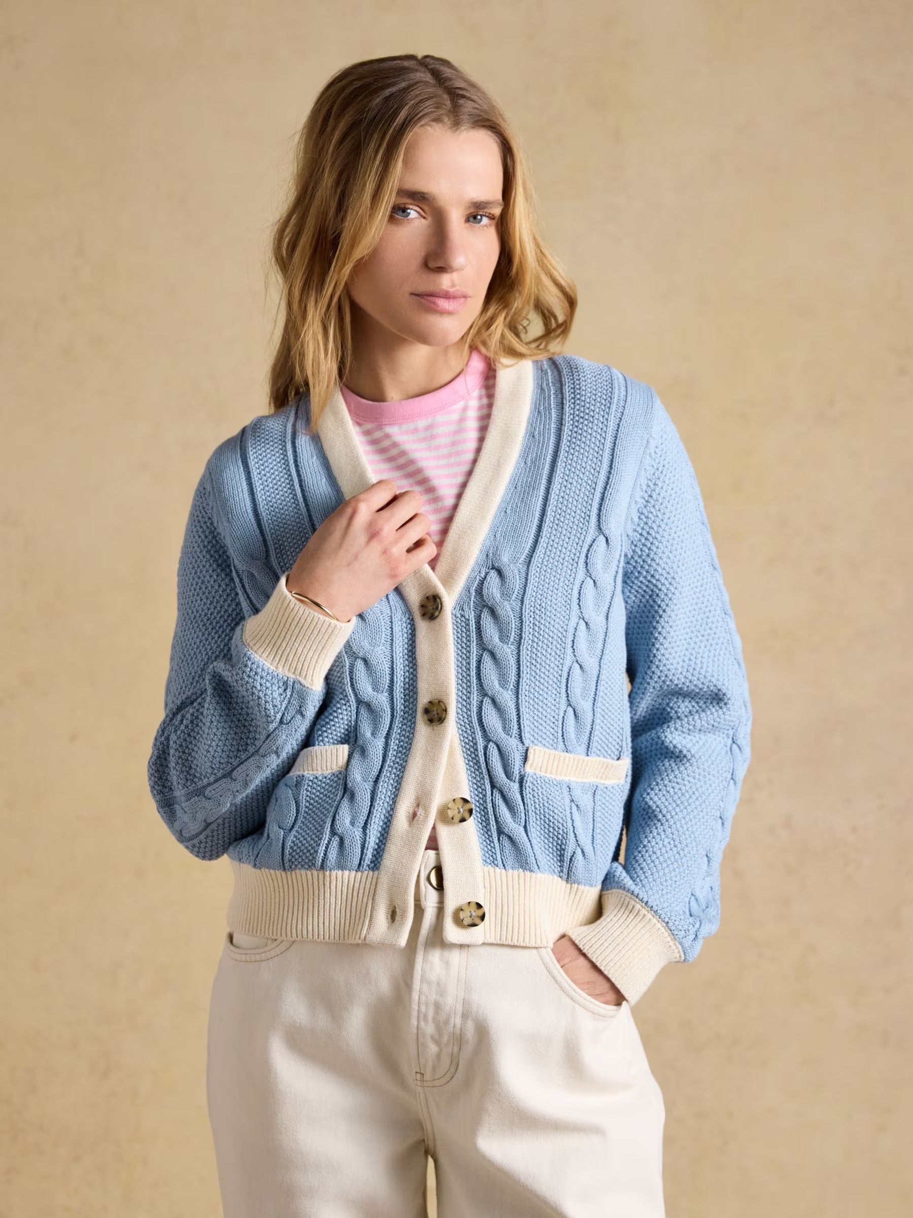Blue V-Neck Cotton Cable Knitted Cardigan