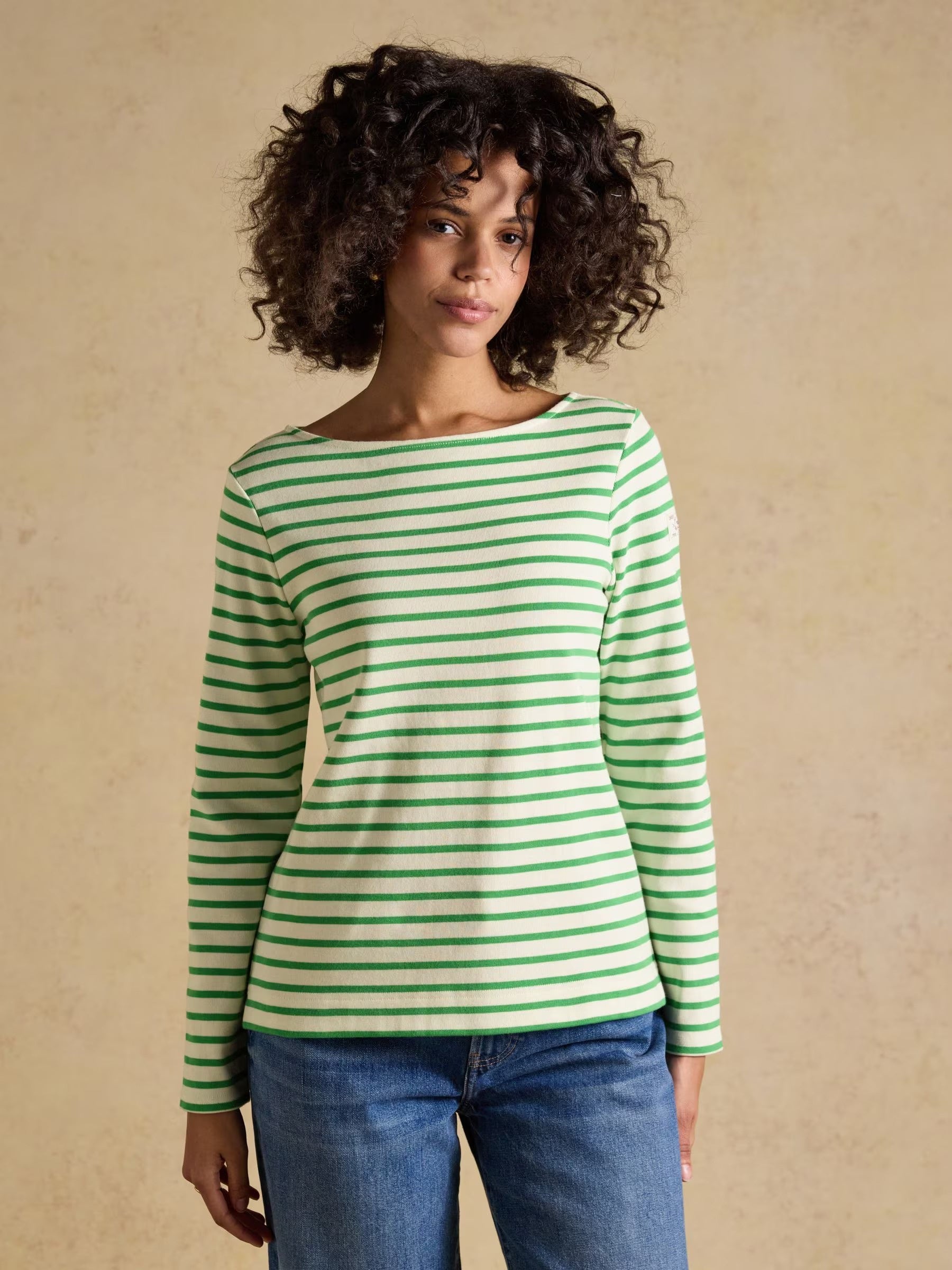 Harbour Cream & Green Long Sleeve Striped Boat Neck Long Sleeve Breton Top