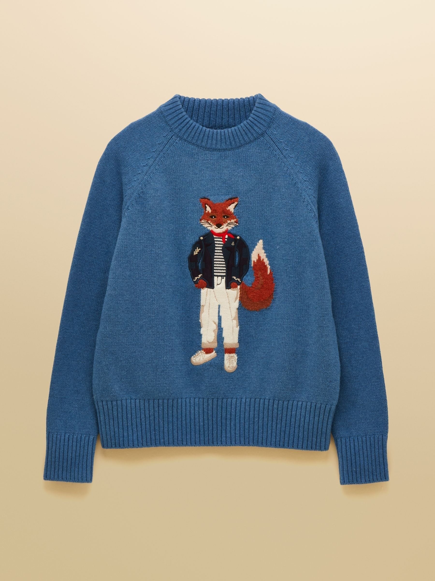 Blue Jonty Fox Embroidered Cotton-Rich Crew Neck Jumper