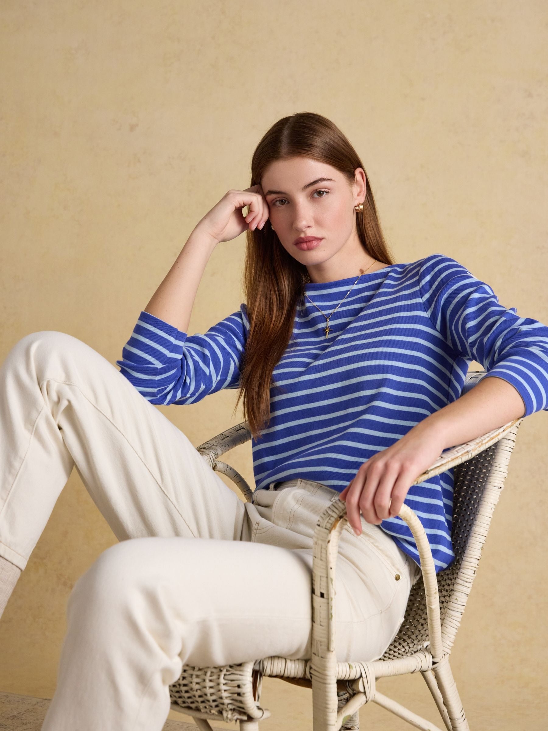 Harbour Dark Blue/Sky Blue Long Sleeve Striped Boat Neck Long Sleeve Breton Top
