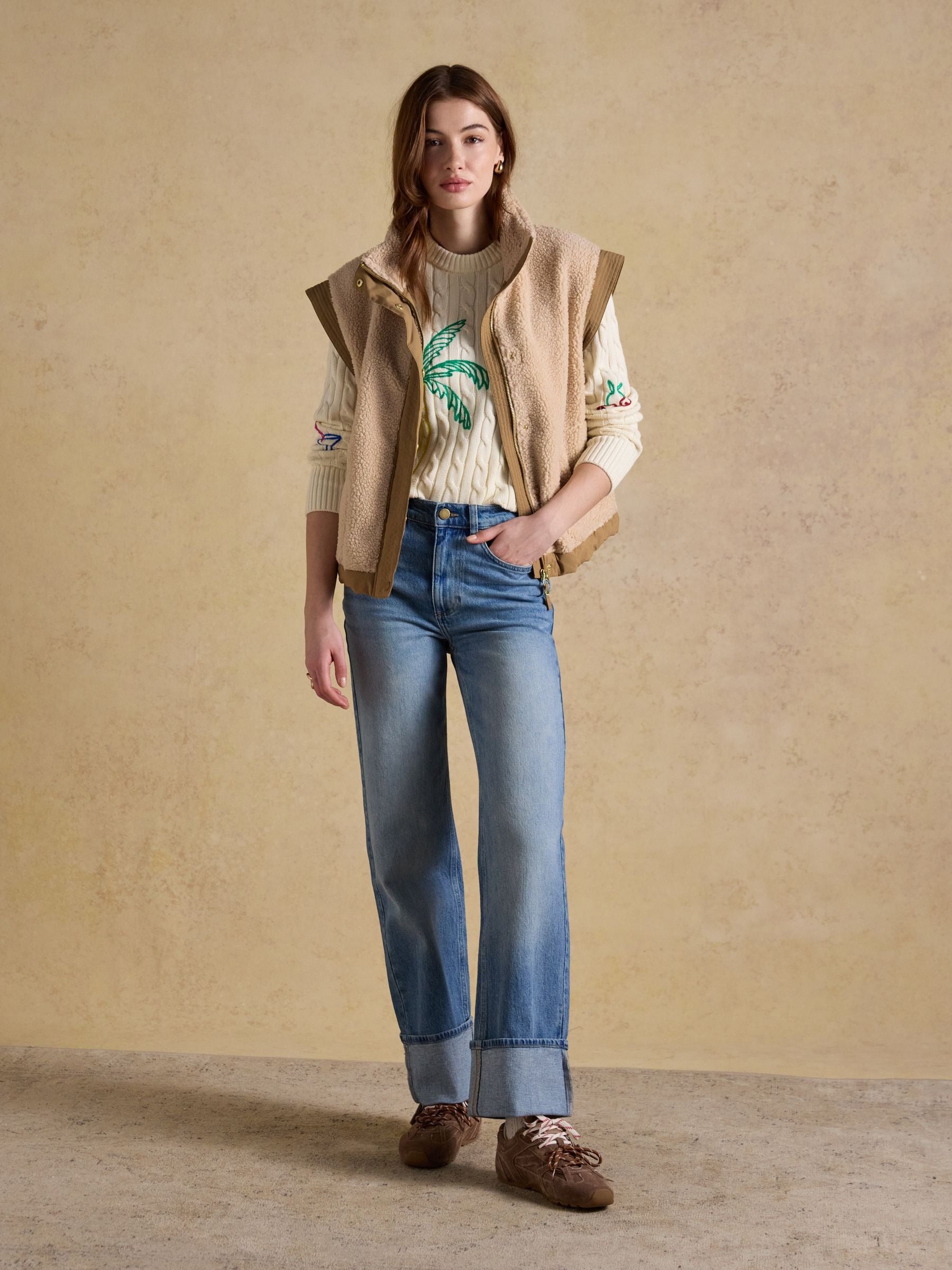 Cream Embroidered Classic Crew Neck Cotton Cable Knit Jumper