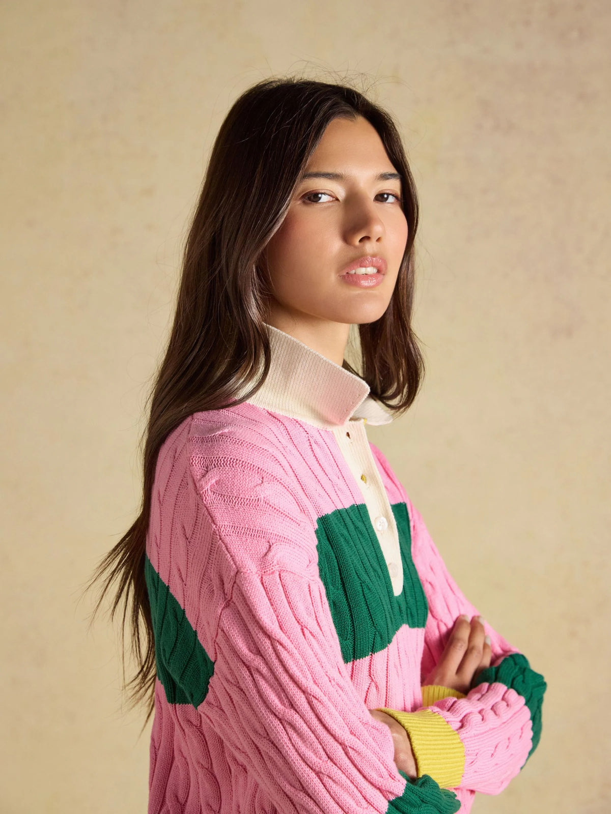 Pink & Green Striped Cotton Cable Knit Rugby Jumper